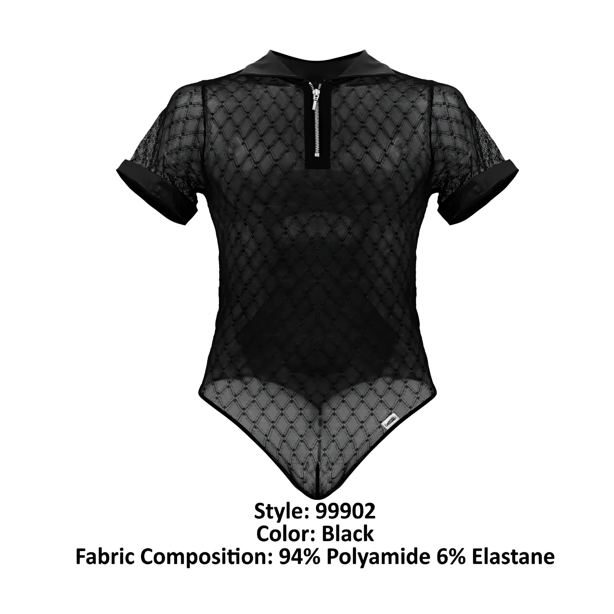 CandyMan 99902 black sheer mesh bodysuit with collar short sleeves and front zipper in geometric design