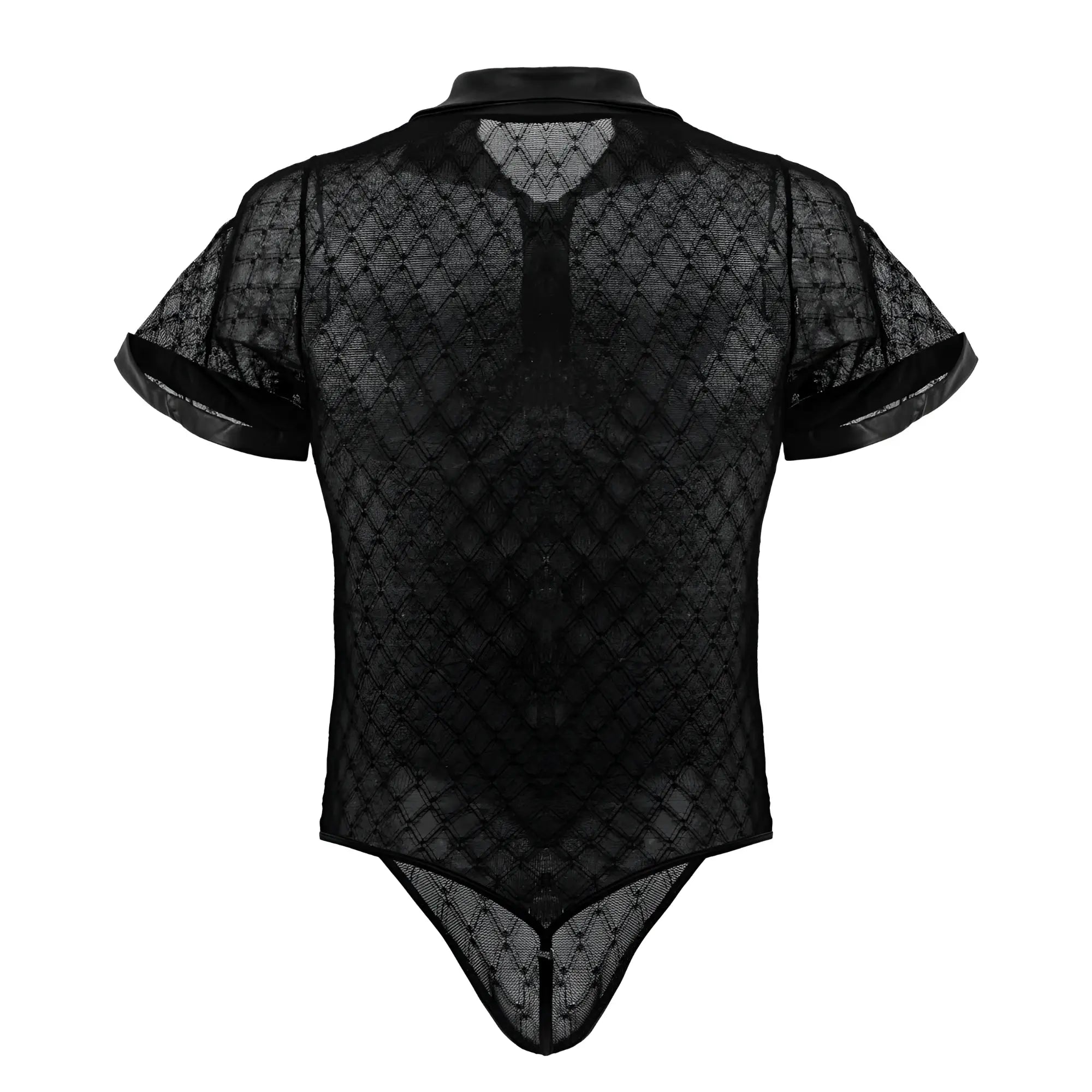Black sheer lace bodysuit with short sleeves collar in geometric mesh by candyman 99902 color black