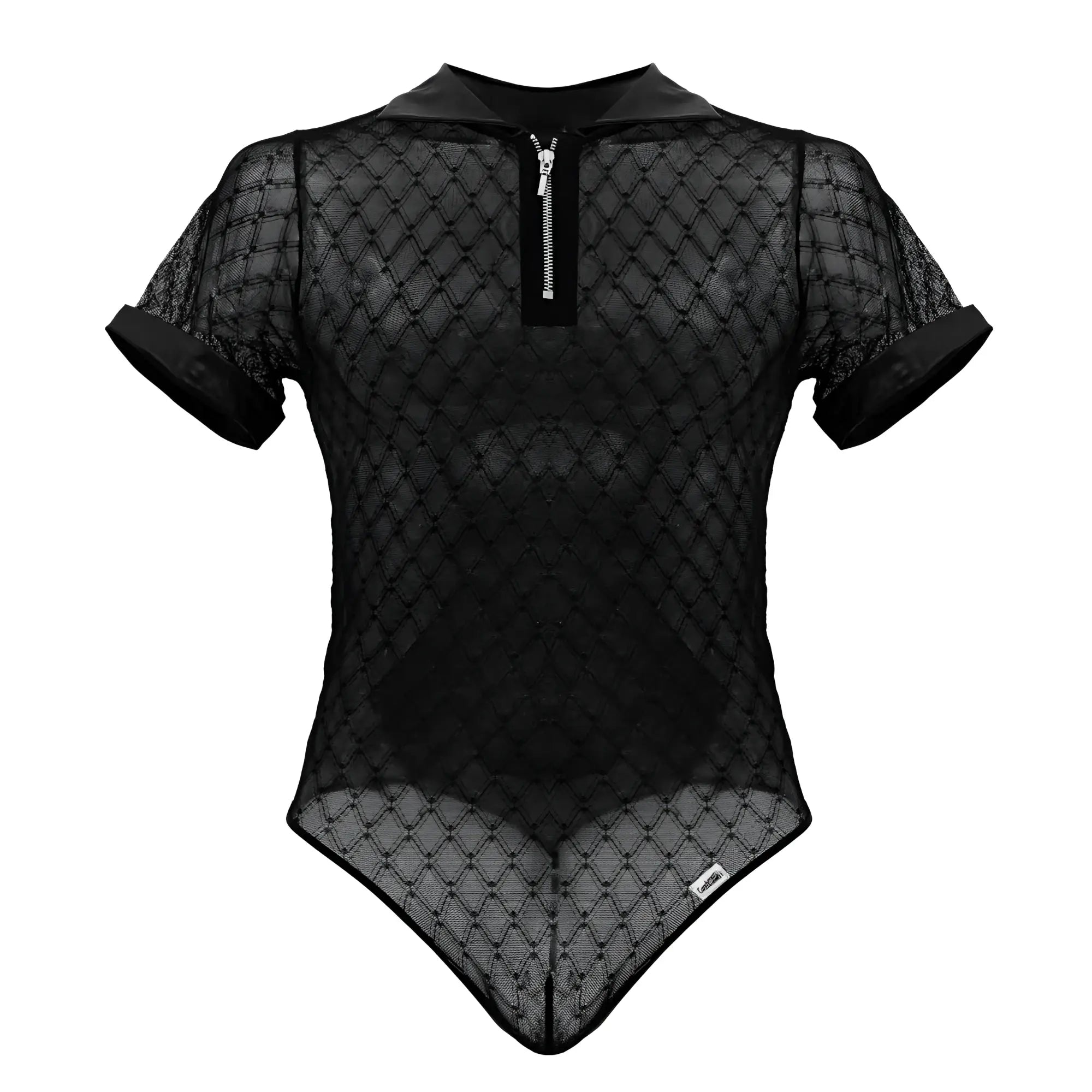 CandyMan 99902 black geometric mesh bodysuit with short sleeves collar and front zipper in breathable material