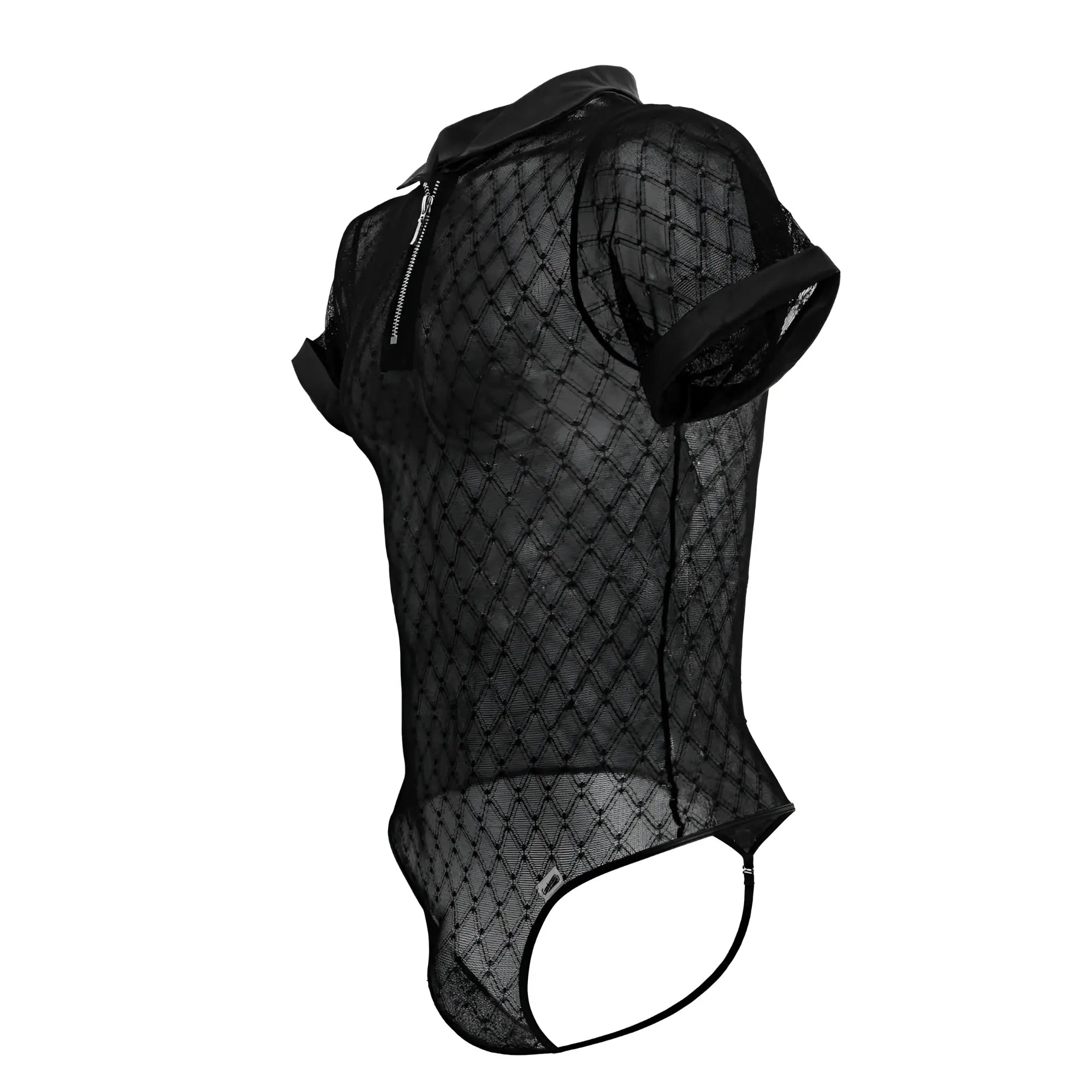 Black candyMan 99902 geometric mesh bodysuit with short sleeves collar and side zipper detail in black mesh fabric