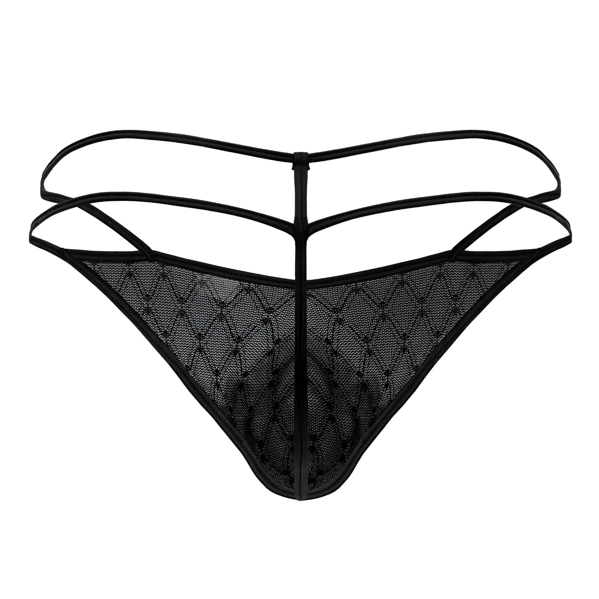 Black candyMan 99903 thong with geometric diamond mesh and thin overlapping straps shown from the back side