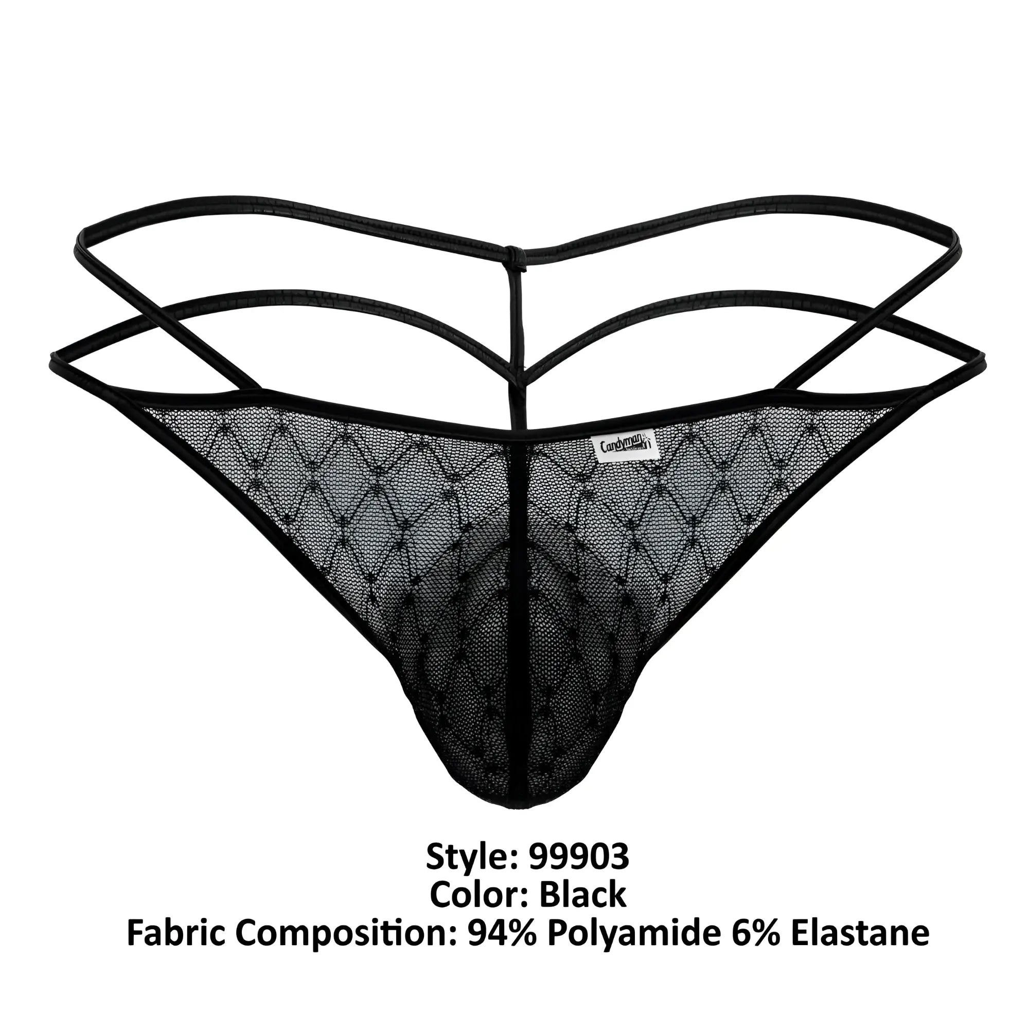 Black CandyMan 99903 geometric mesh thong with diamond-patterned lace and three thin adjustable straps