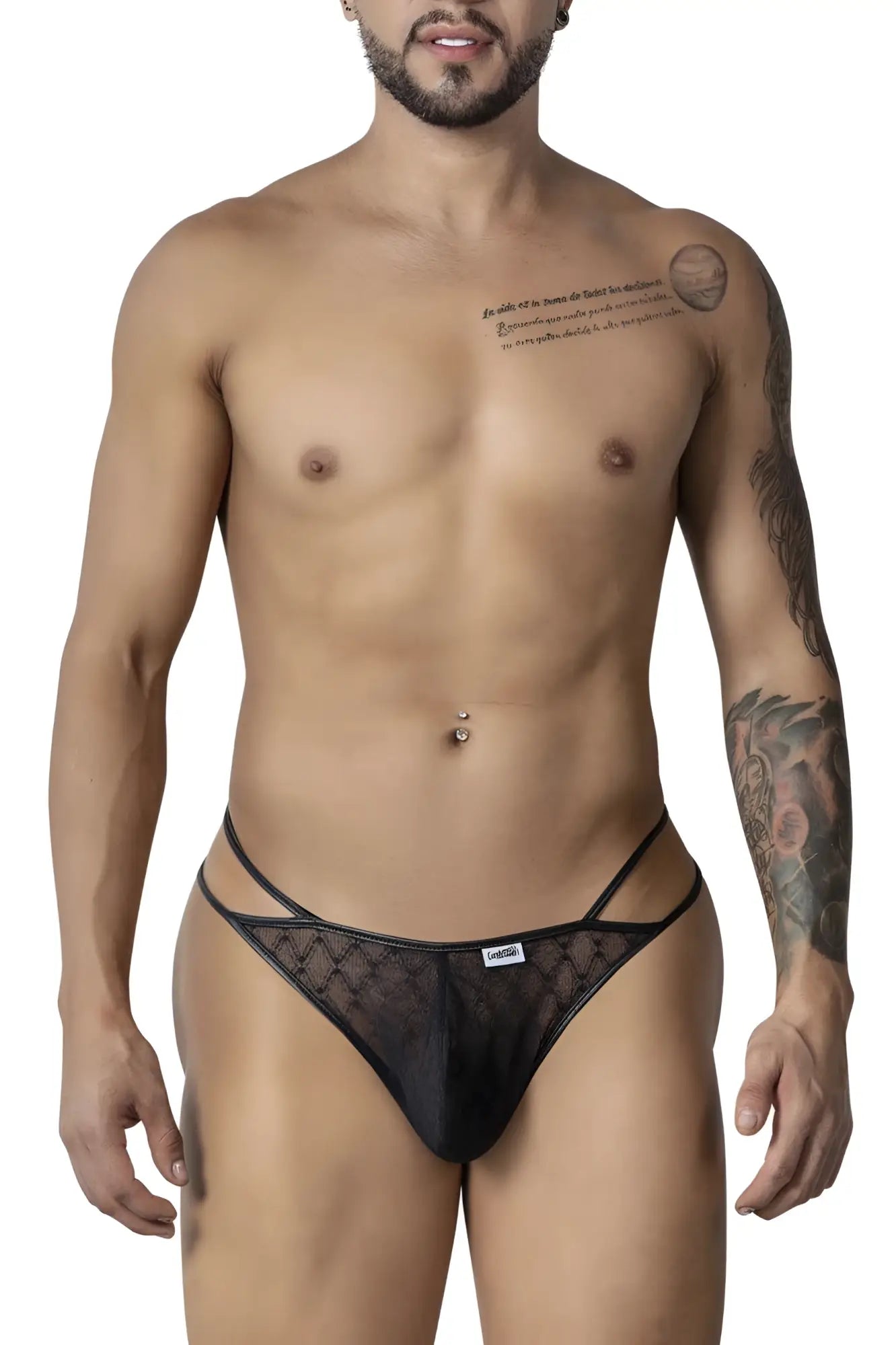 Black lace thong with subtle diamond pattern and thin side straps from CandyMan 99903 geometric mesh thongs in black