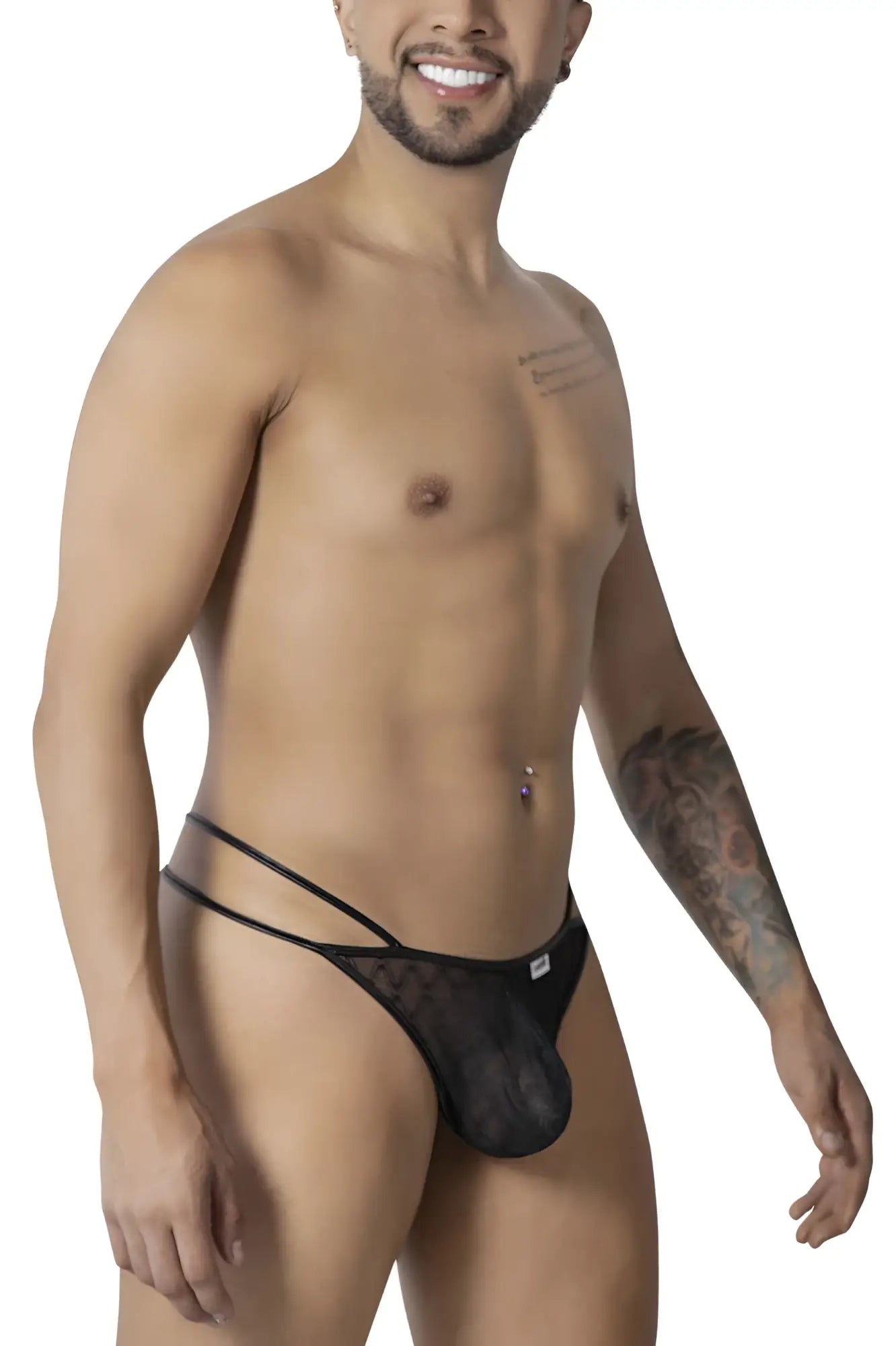 Black sheer lace thong candy man 99903 with solid black front panel and adjustable side straps