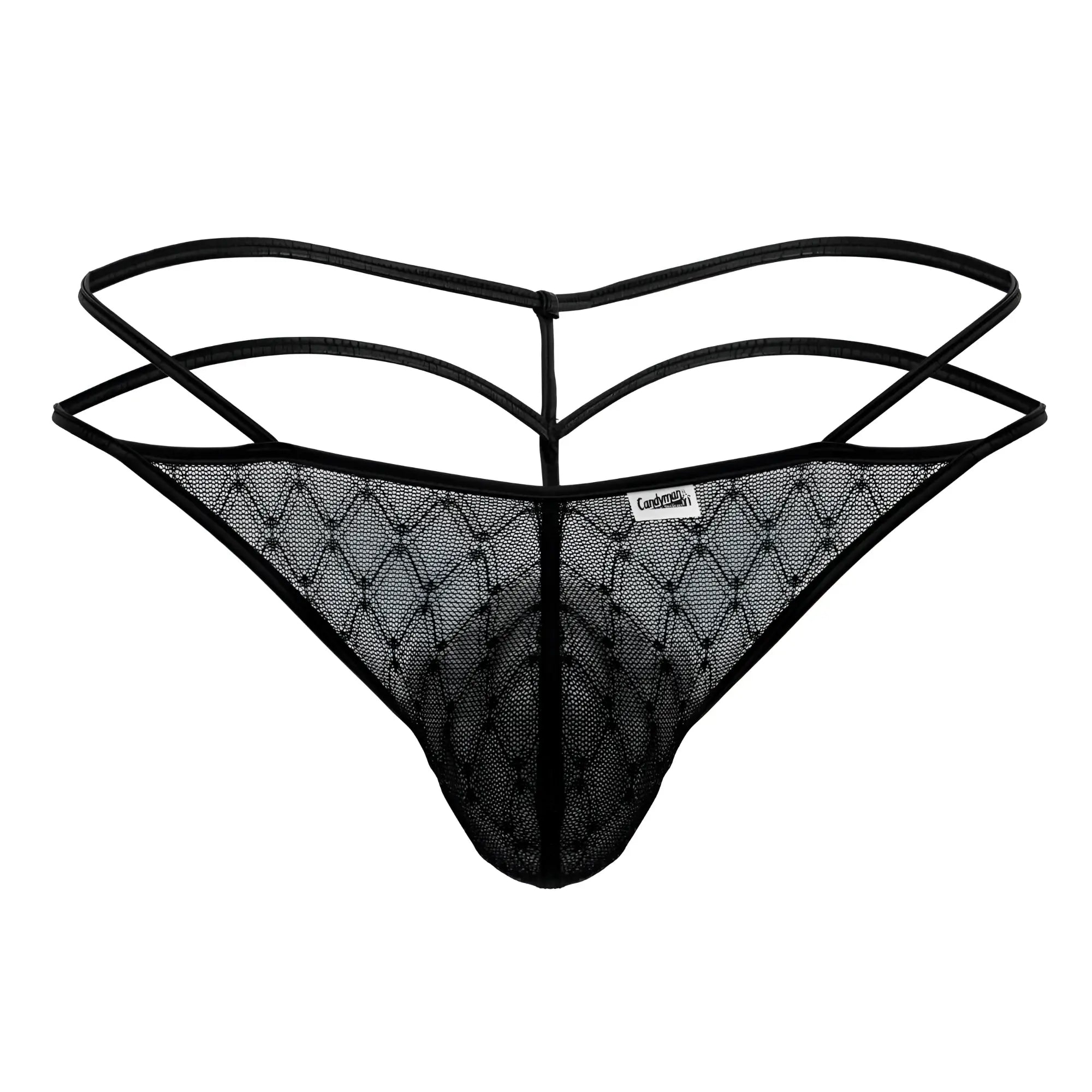 Black CandyMan 99903 geometric mesh thong with diamond pattern and three intersecting elastic straps front view