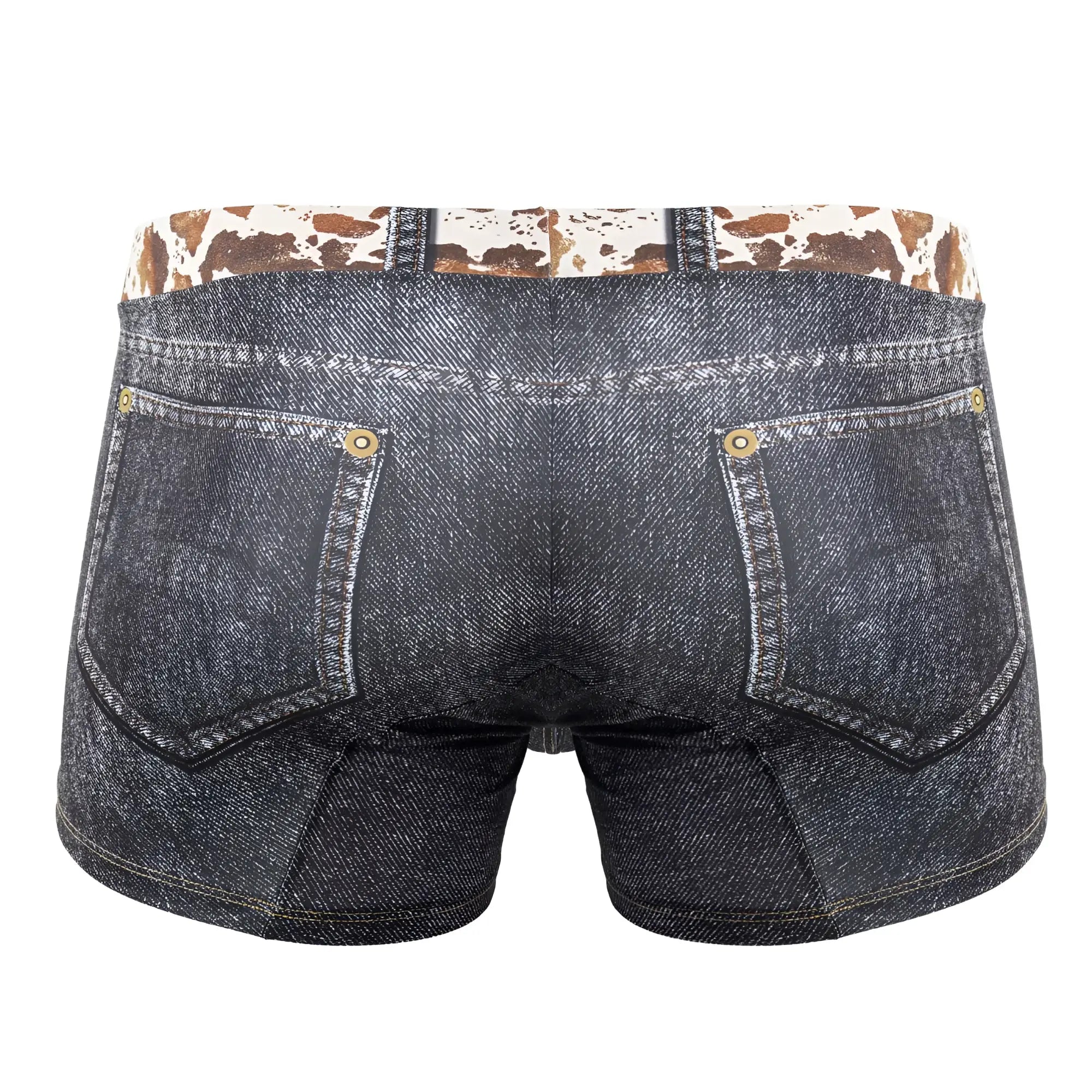 Dark blue denim cowboy trunks with cow print waistband and gold-tone button closures candy man 99904