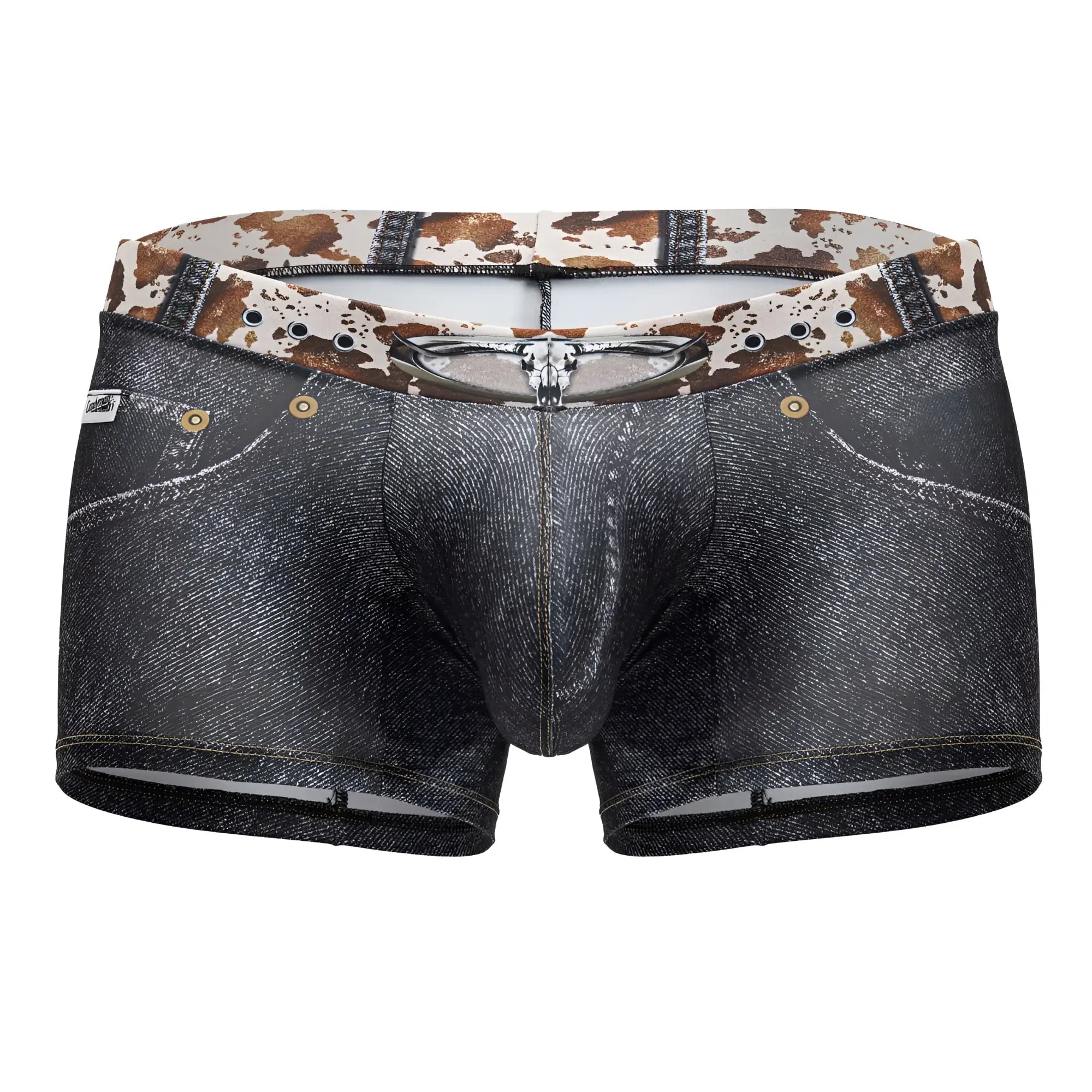 Dark denim men’s boxer briefs candyMan 99904 cowboy trunks with cowhide print waistband and metallic button details