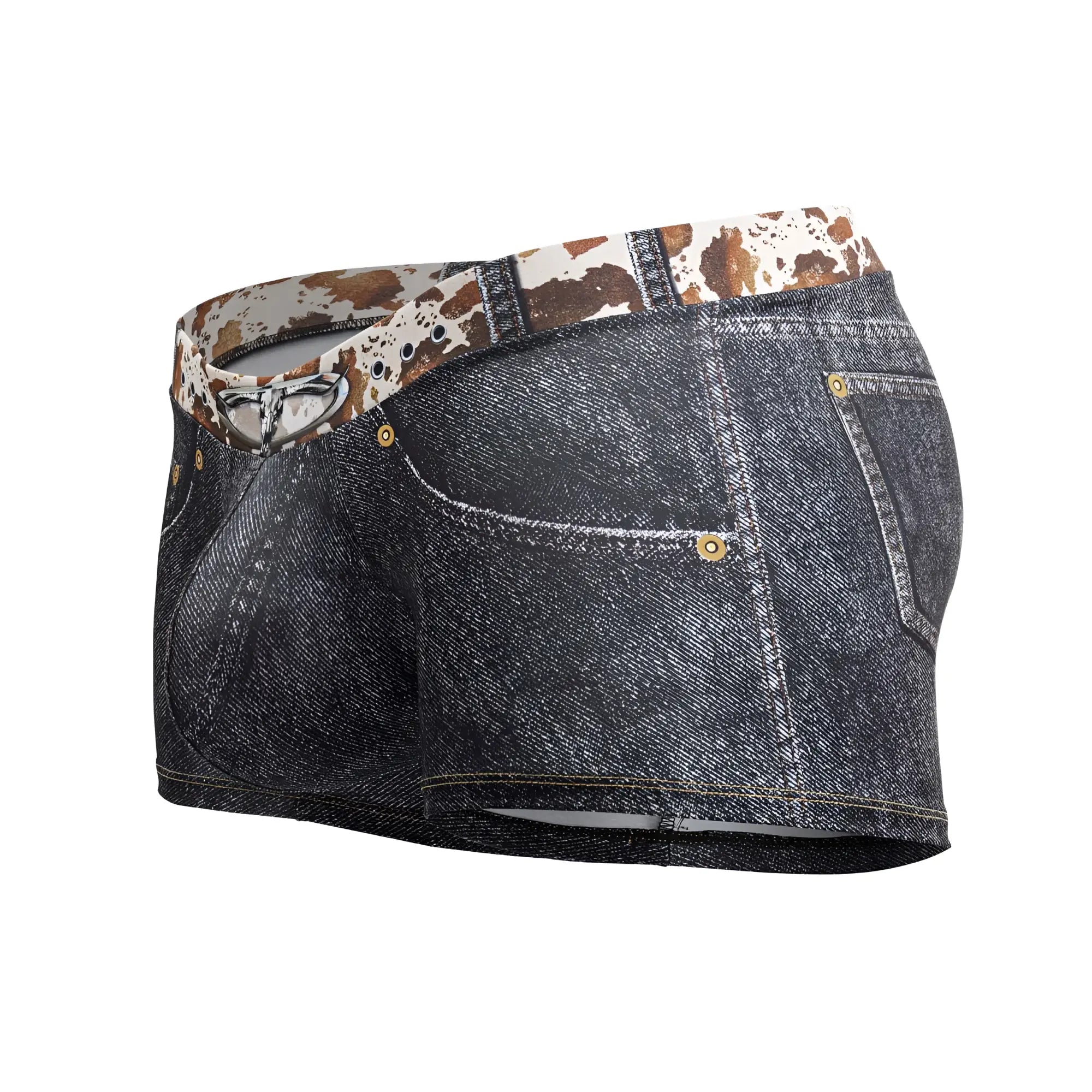 Dark denim CandyMan 99904 cowboy trunks with cow print waistband and gold-toned hardware in black color