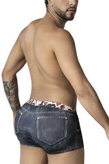 Dark-wash denim black candyMan 99904 cowboy trunks with contrasting brown and white cow print waistband