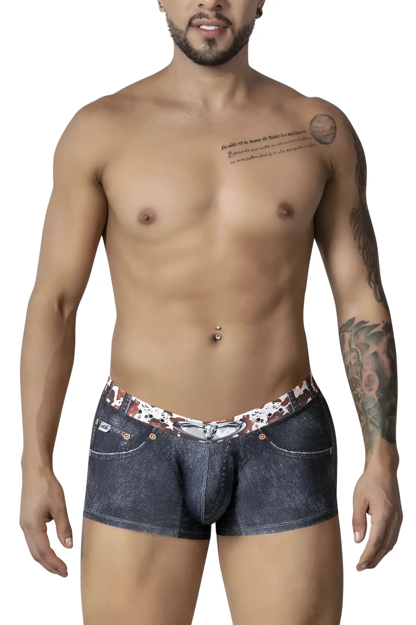 Denim-patterned CandyMan 99904 cowboy trunks with white and brown camouflage waistband in black color