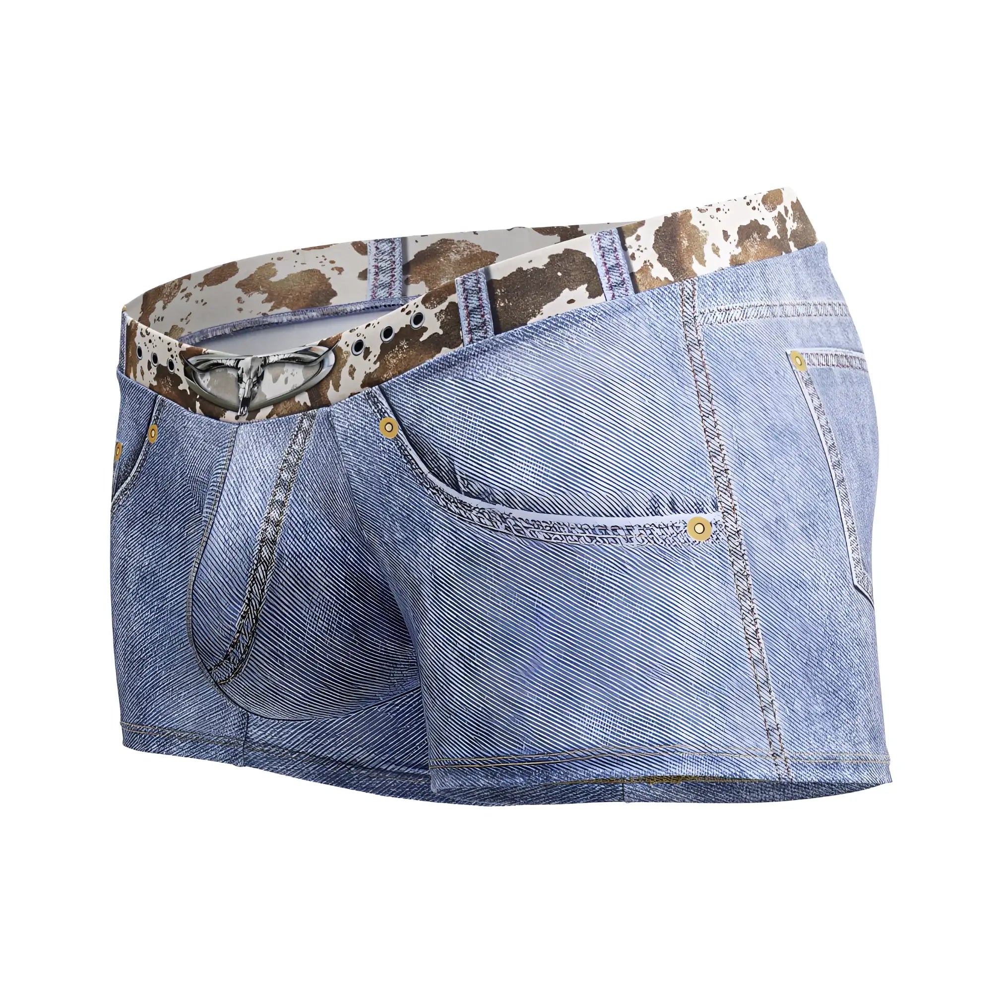 Light blue denim cowboy trunks with cow print belt and silver buckle in candy man 99904 color denim blue