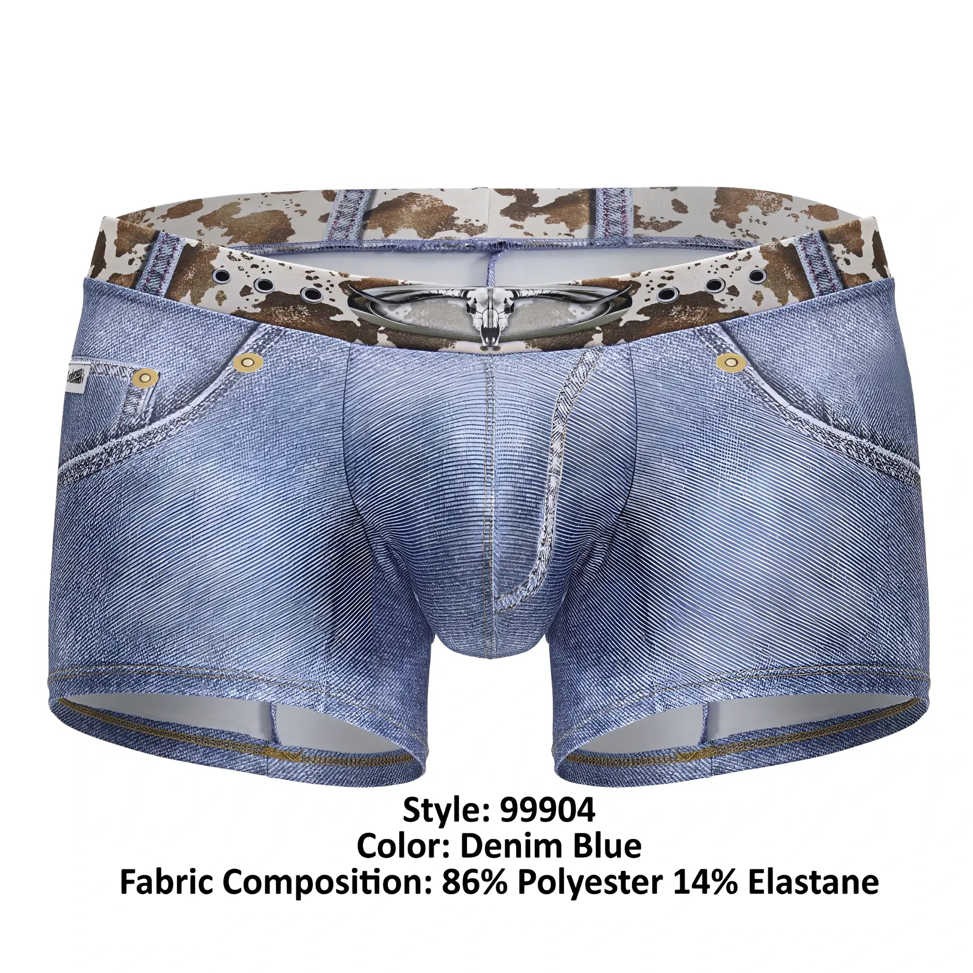 Denim blue cotton denim men’s boxer briefs designed as shorts with cow print waistband and silver skull buckle