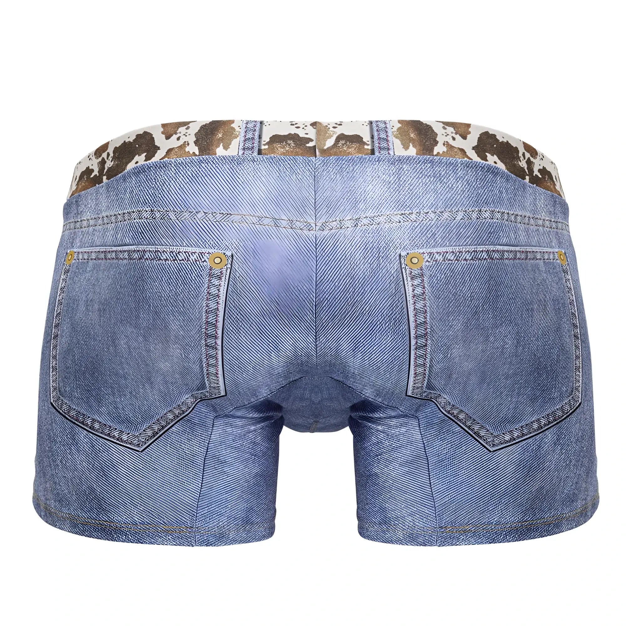 Blue denim shorts candyMan 99904 cowboy trunks with cow print waistband and gold-tone button details