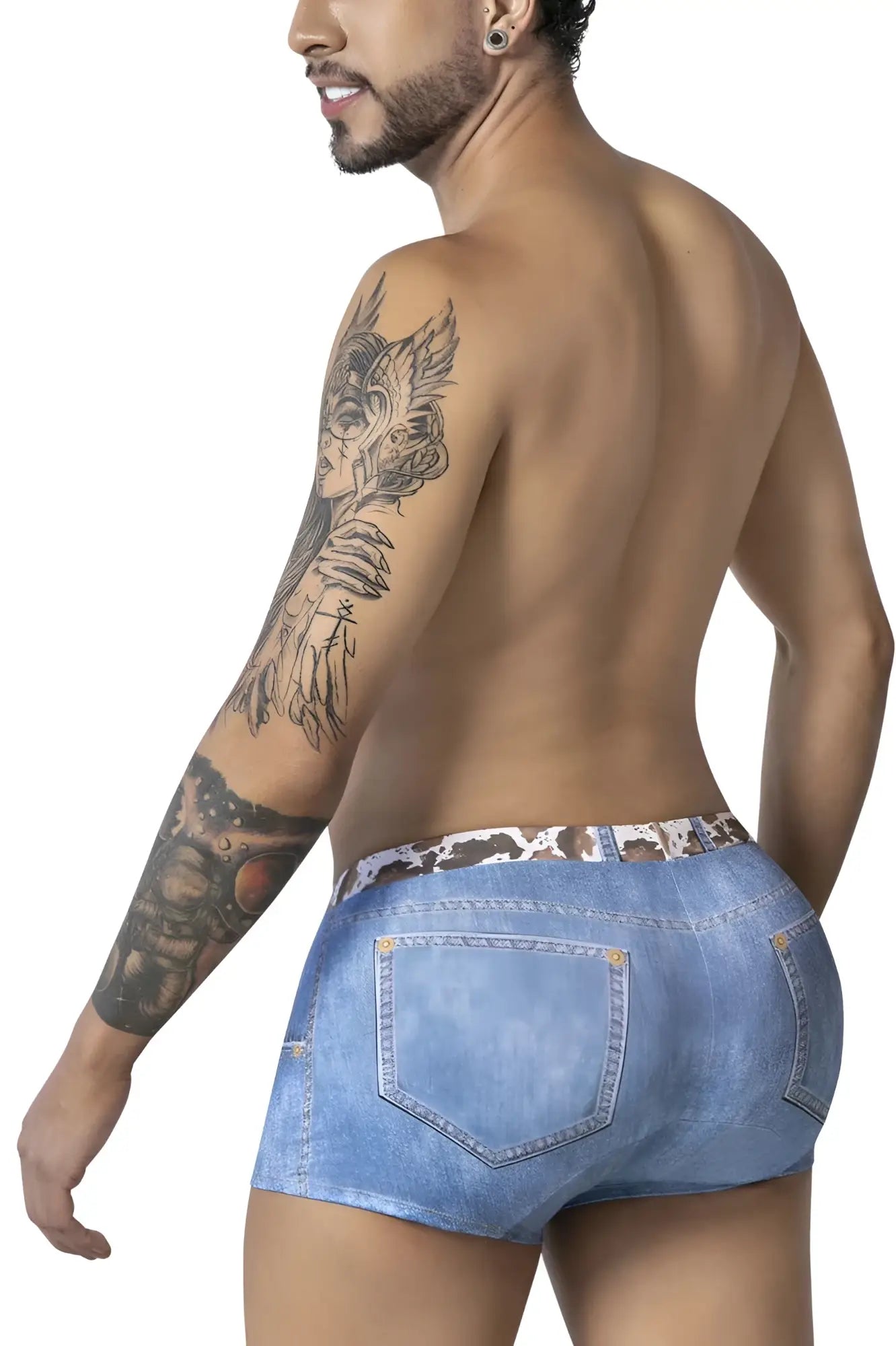 Blue denim cowboy trunks with leopard-print waistband by candyman model 99904 in denim blue color