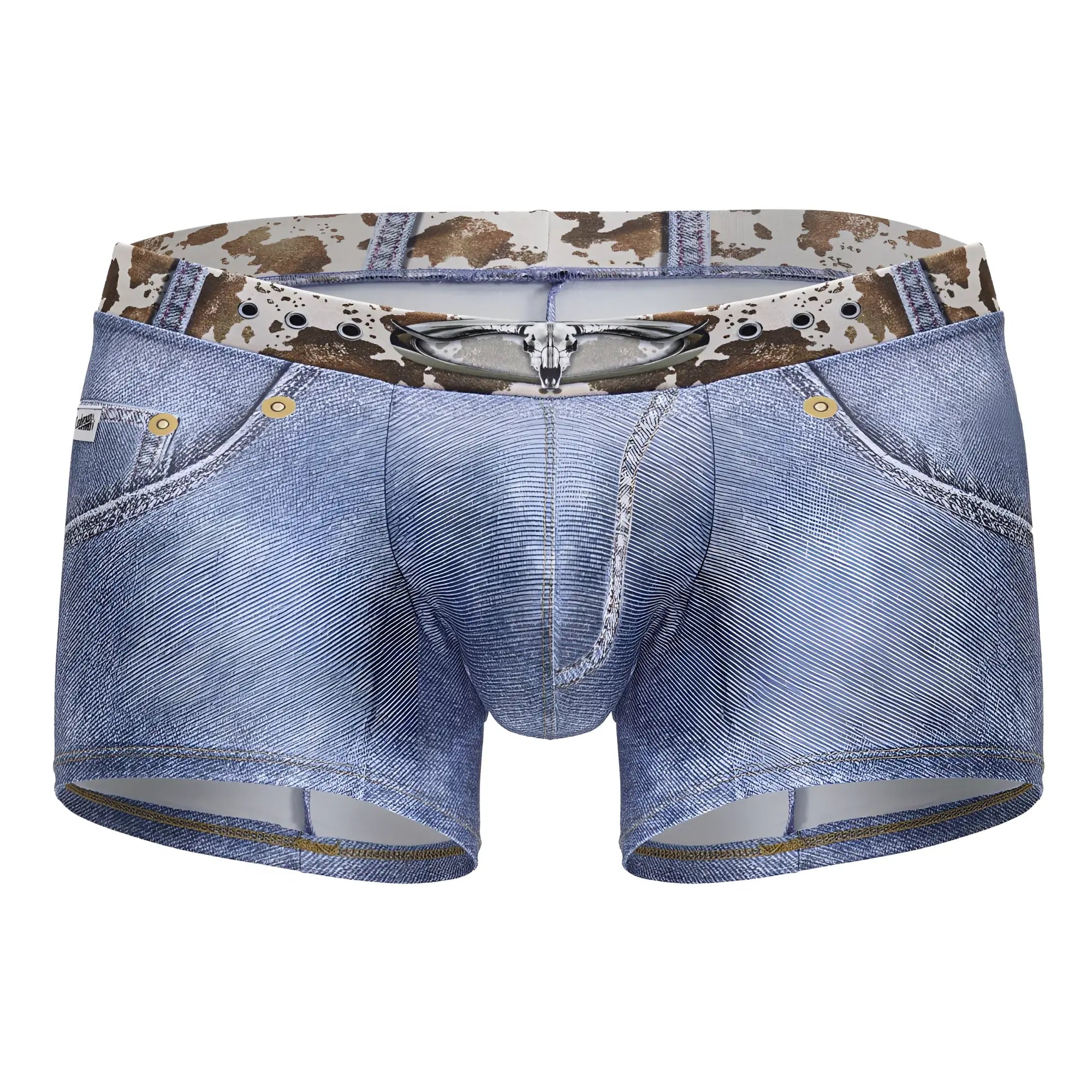 Blue denim candyMan 99904 cowboy trunks men’s boxer briefs with cow print waistband and silver skull zipper detail