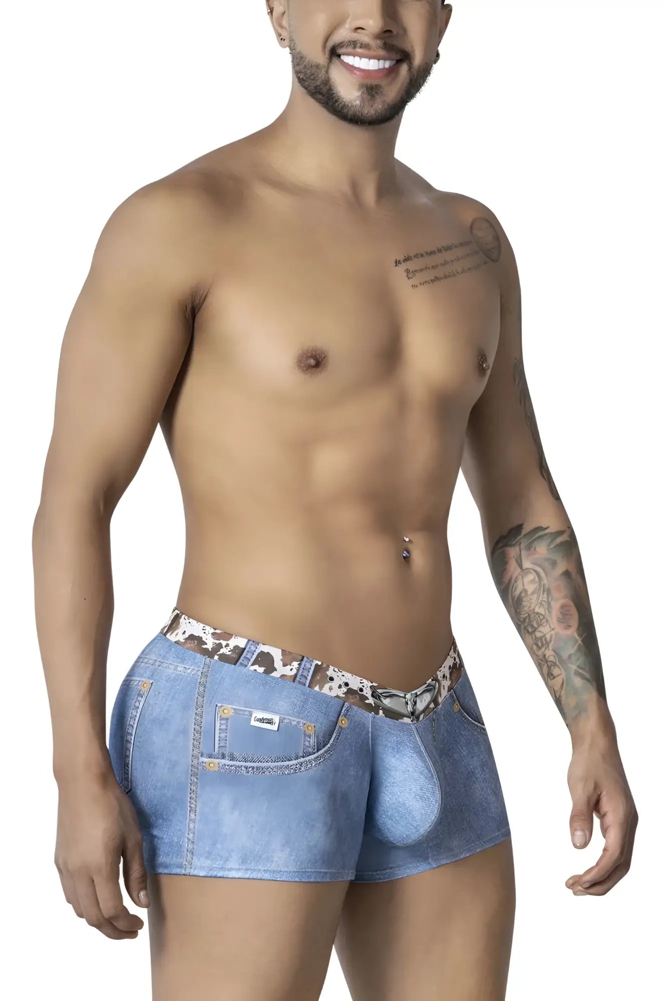 Candyman 99904 cowboy trunks denim blue men’s briefs with leopard-print waistband and front pocket