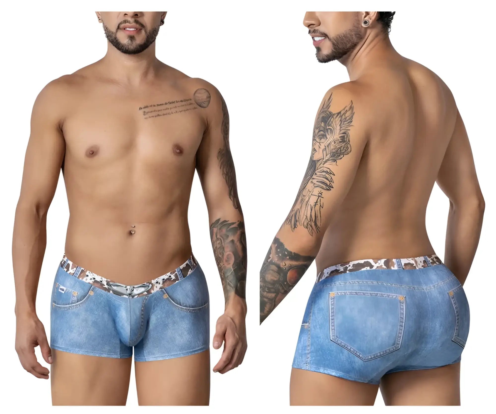 Blue denim-style candy man 99904 cowboy trunks men’s briefs with leopard print patterned waistband and stitching details