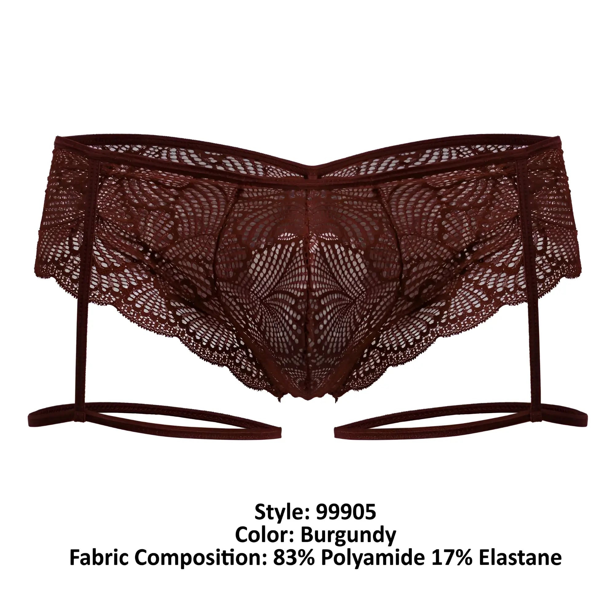 Burgundy lace garter belt candyman 99905 with intricate floral patterns and matching elastic straps