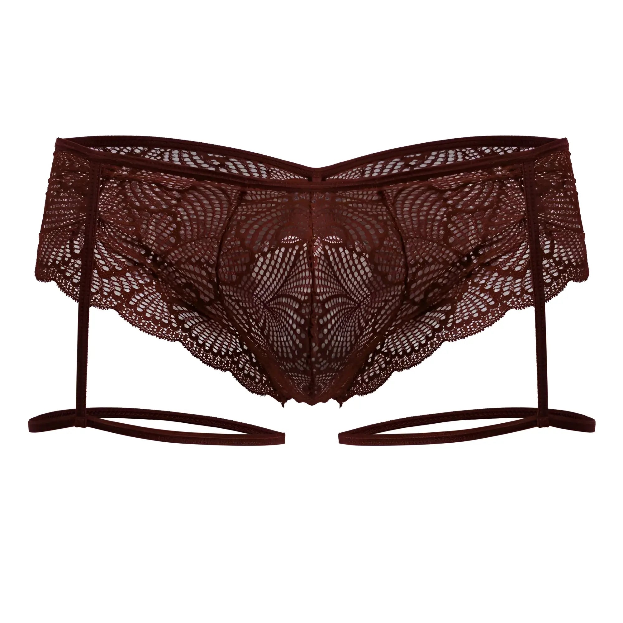 Dark burgundy candyMan 99905 lace garter belt with intricate floral patterns and scalloped edges