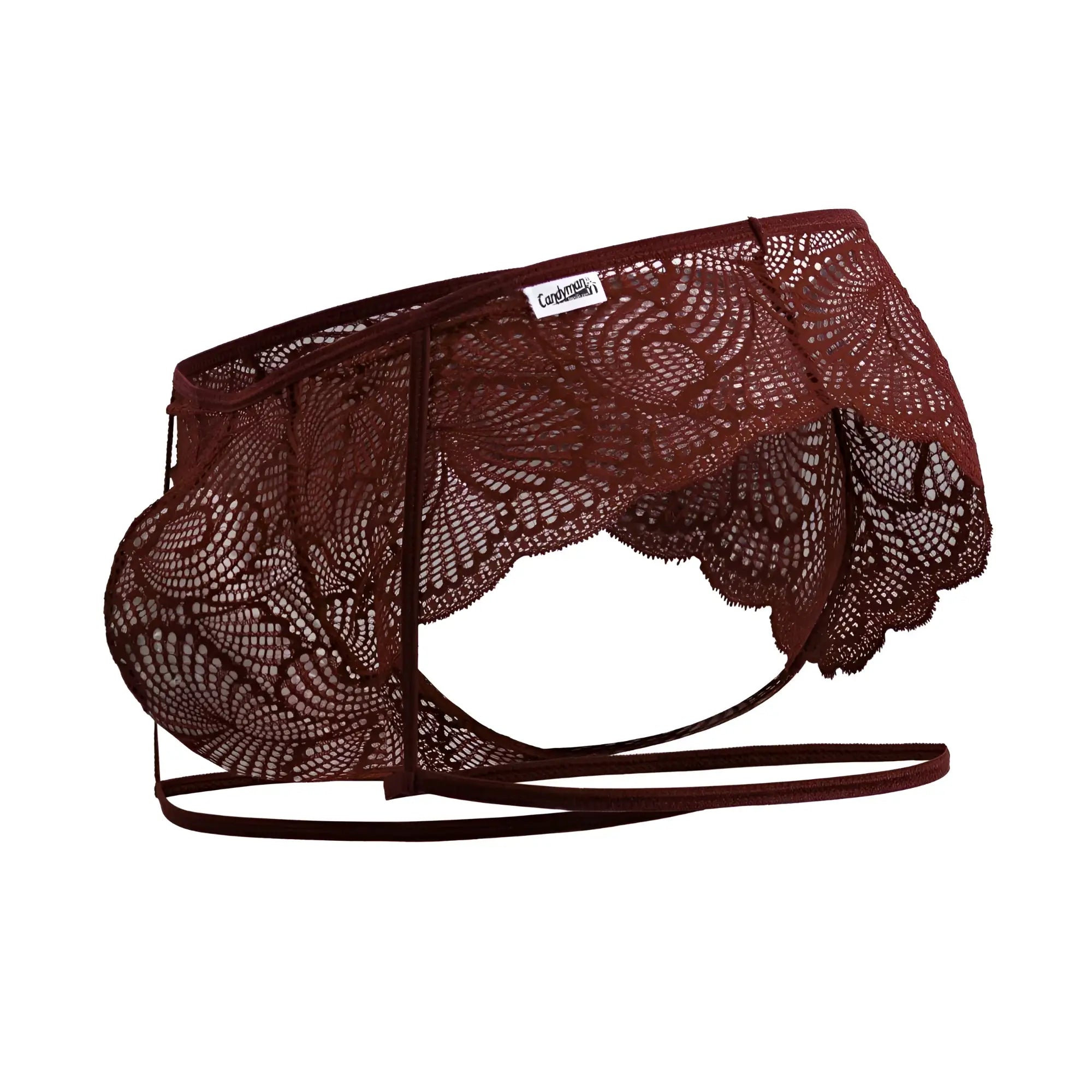 CandyMan 99905 garter lace briefs in burgundy men’s underwear with intricate floral patterns and scalloped edge