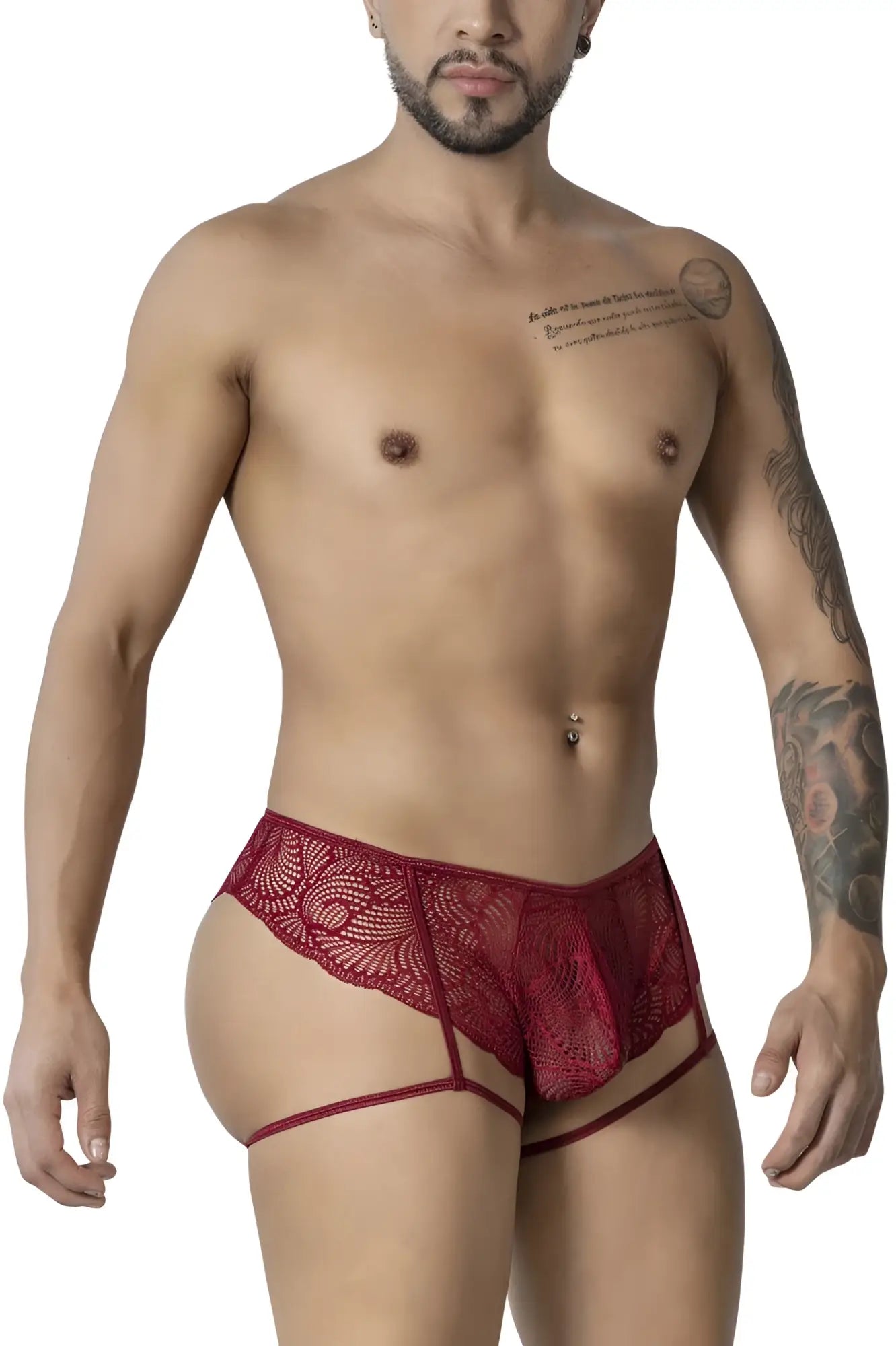 Candyman 99905 garter lace briefs burgundy men’s underwear with sheer patterned lace and thin straps