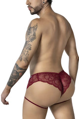Burgundy candyman 99905 garter lace briefs in red lace thong design with intricate floral sheer patterns