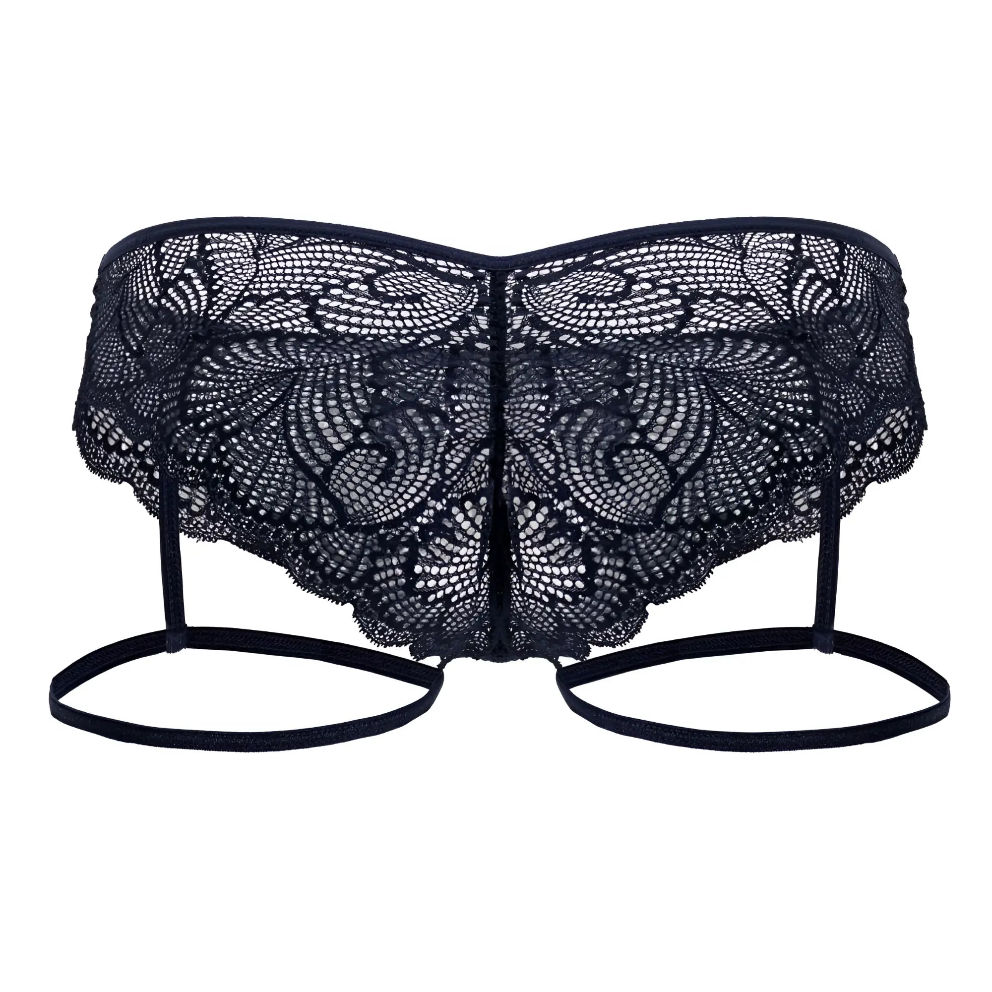Black lace CandyMan 99905 garter briefs in navy with butterfly shape, floral patterns, and thin adjustable straps