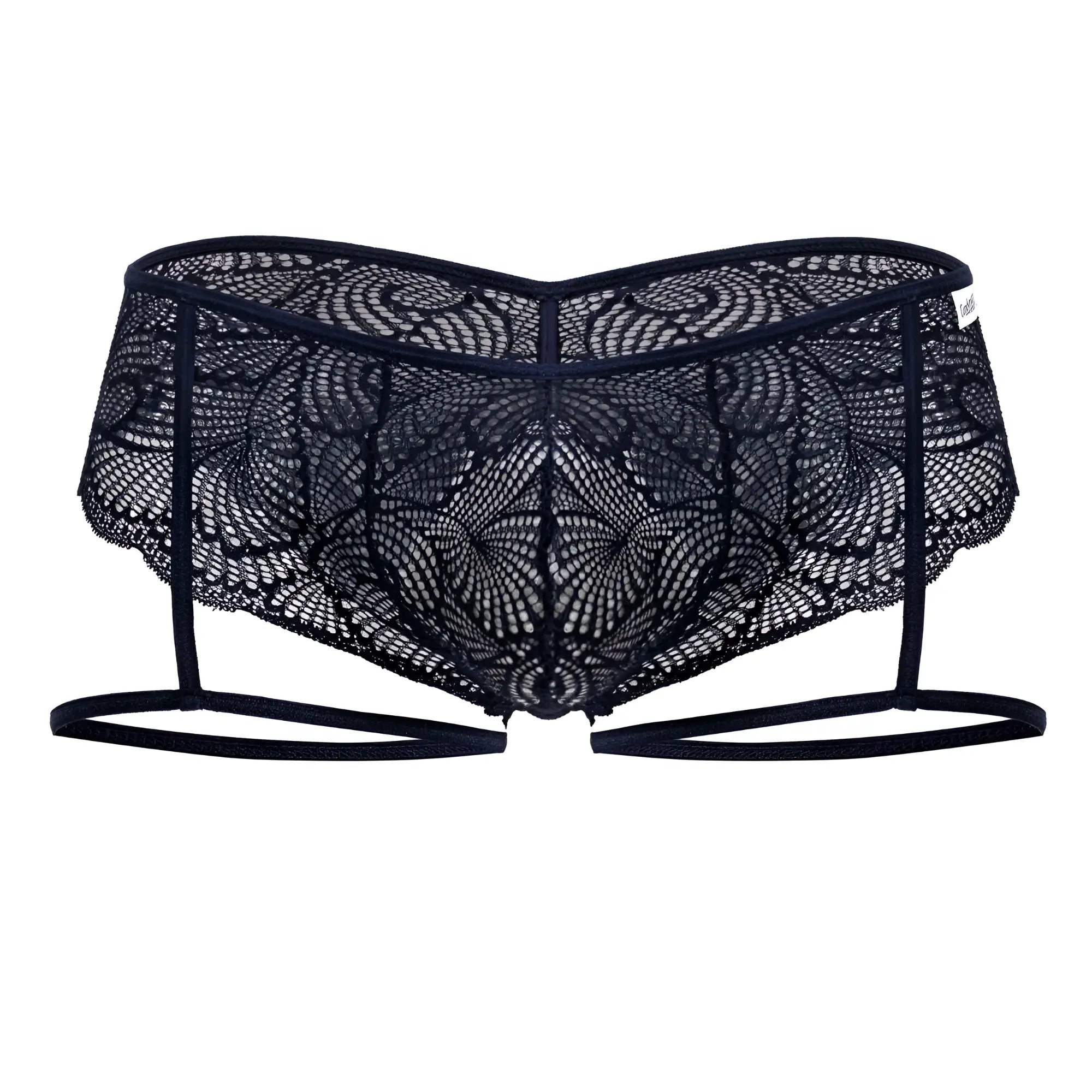Navy candyMan 99905 garter lace briefs featuring black lace with intricate floral patterns and thin straps