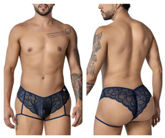 Navy blue CandyMan 99905 garter lace briefs featuring intricate floral patterns and a supportive contoured design