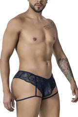 Navy blue CandyMan 99905 garter lace thong featuring intricate floral pattern and supportive side straps