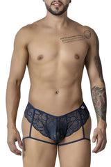 Dark blue lace men’s CandyMan 99905 garter briefs with patterned design and side straps in navy color