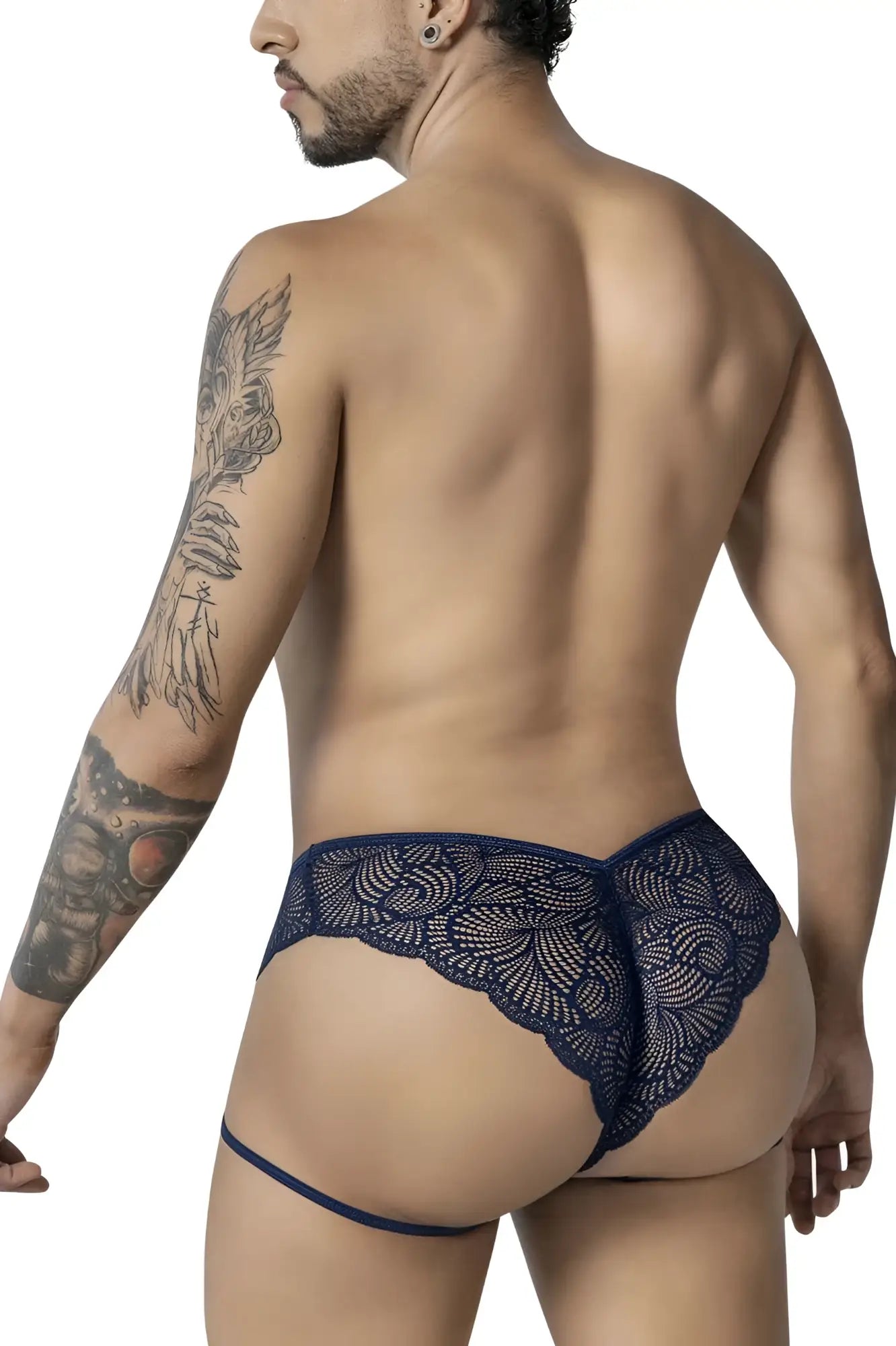 Dark blue lace thong featuring intricate floral patterns and a matching waistband from Candyman 99905 garter lace briefs