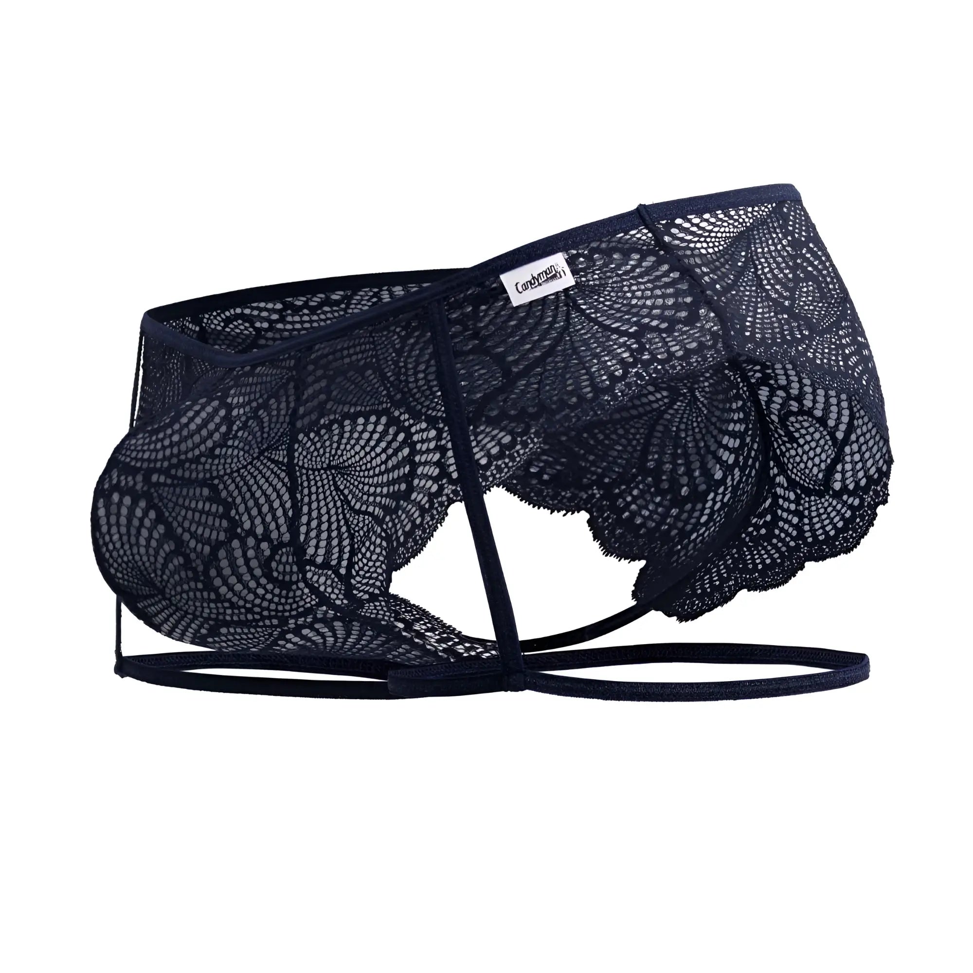 Dark navy lace men’s underwear with intricate floral patterns and supportive strappy design candyMan 99905 garter briefs