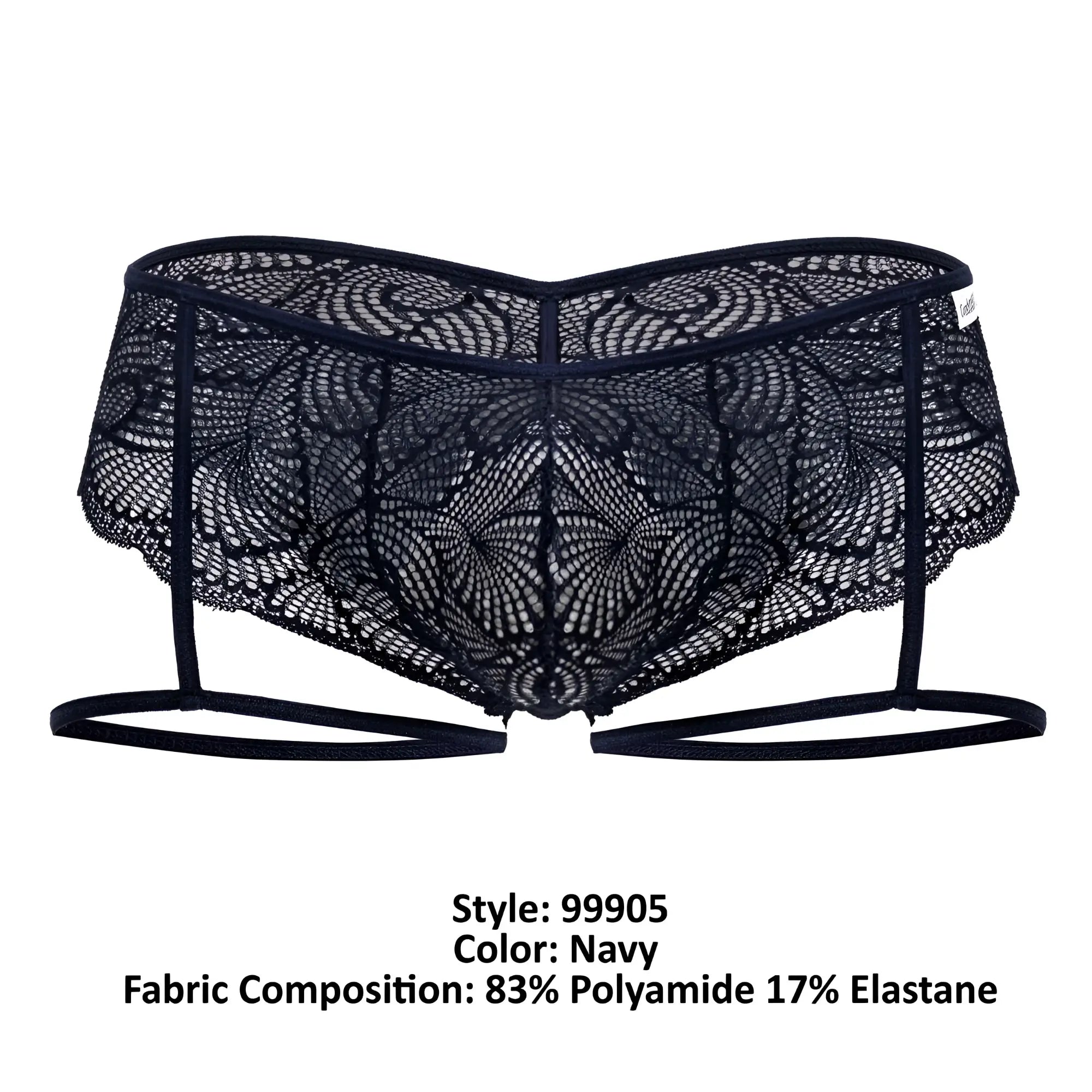 CandyMan 99905 garter lace briefs in navy featuring intricate floral patterns and adjustable straps