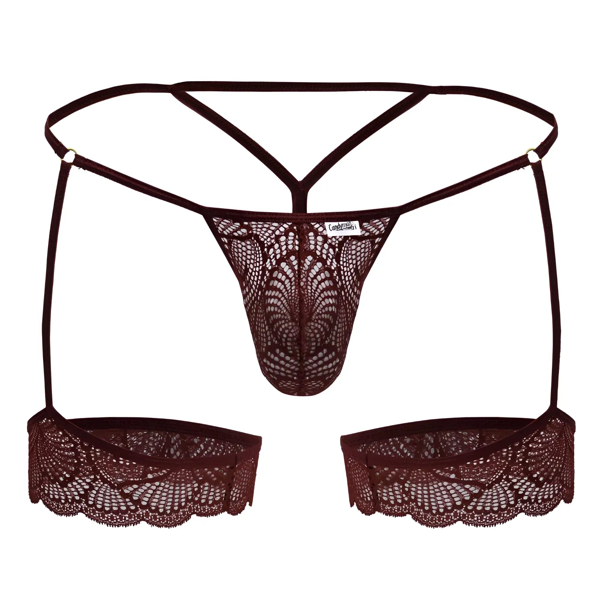Dark brown lace thong with matching suspenders and scalloped edge detailing from candidman 99906 collection in burgundy