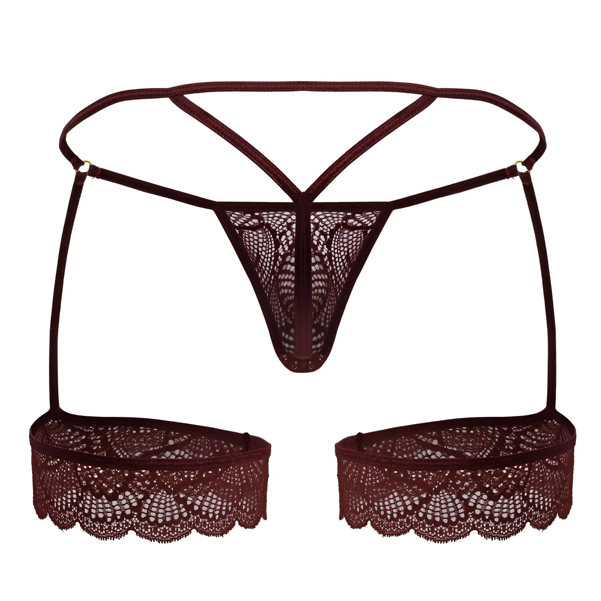 Dark burgundy candyMan 99906 garter lace thong with scalloped hem and adjustable straps front view