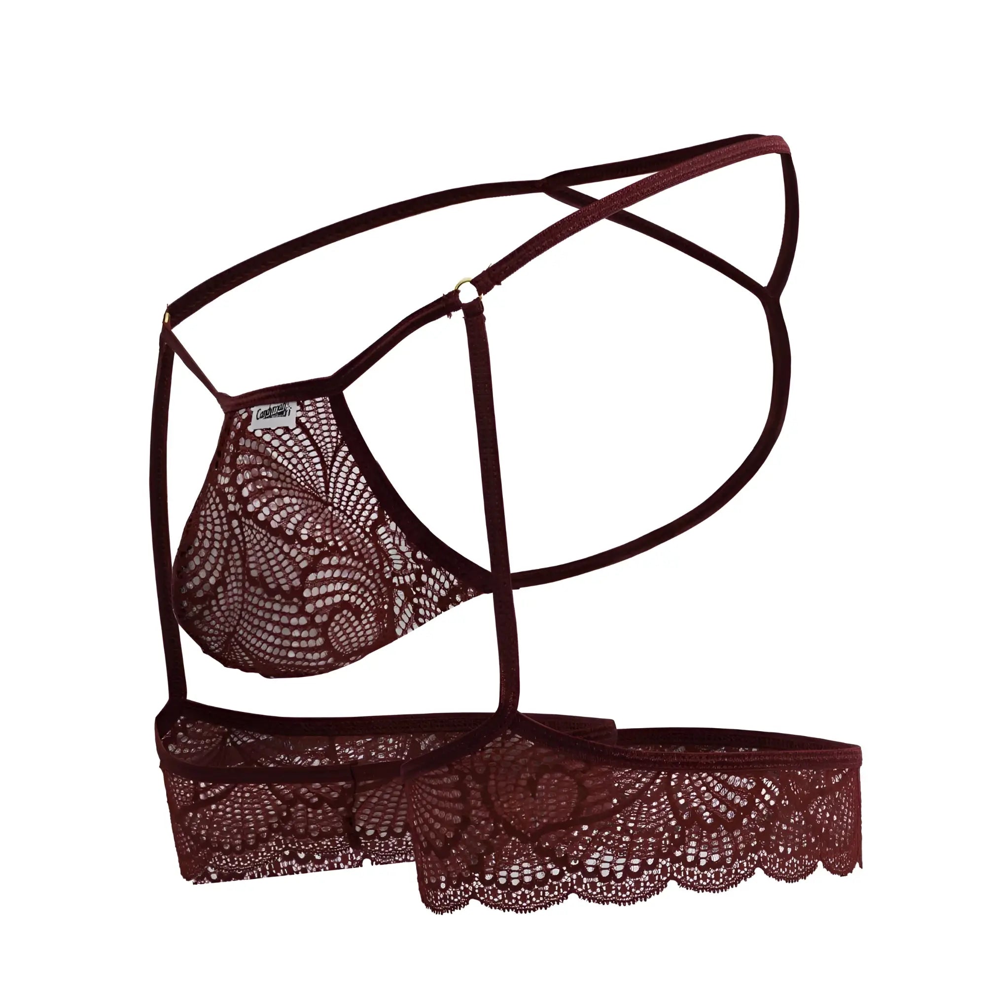 CandyMan 99906 garter lace thongs in burgundy featuring maroon lace with intricate floral patterns and thin adjustable straps
