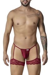 Red lace garter belt with matching thong in burgundy by candyman featuring delicate lace and elegant design