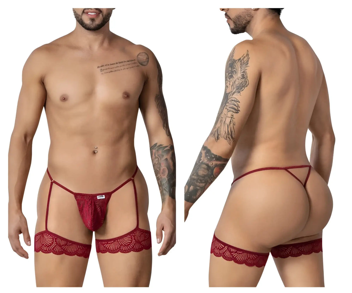 Red lace candyMan 99906 garter belt with matching burgundy thong and decorative scalloped edges