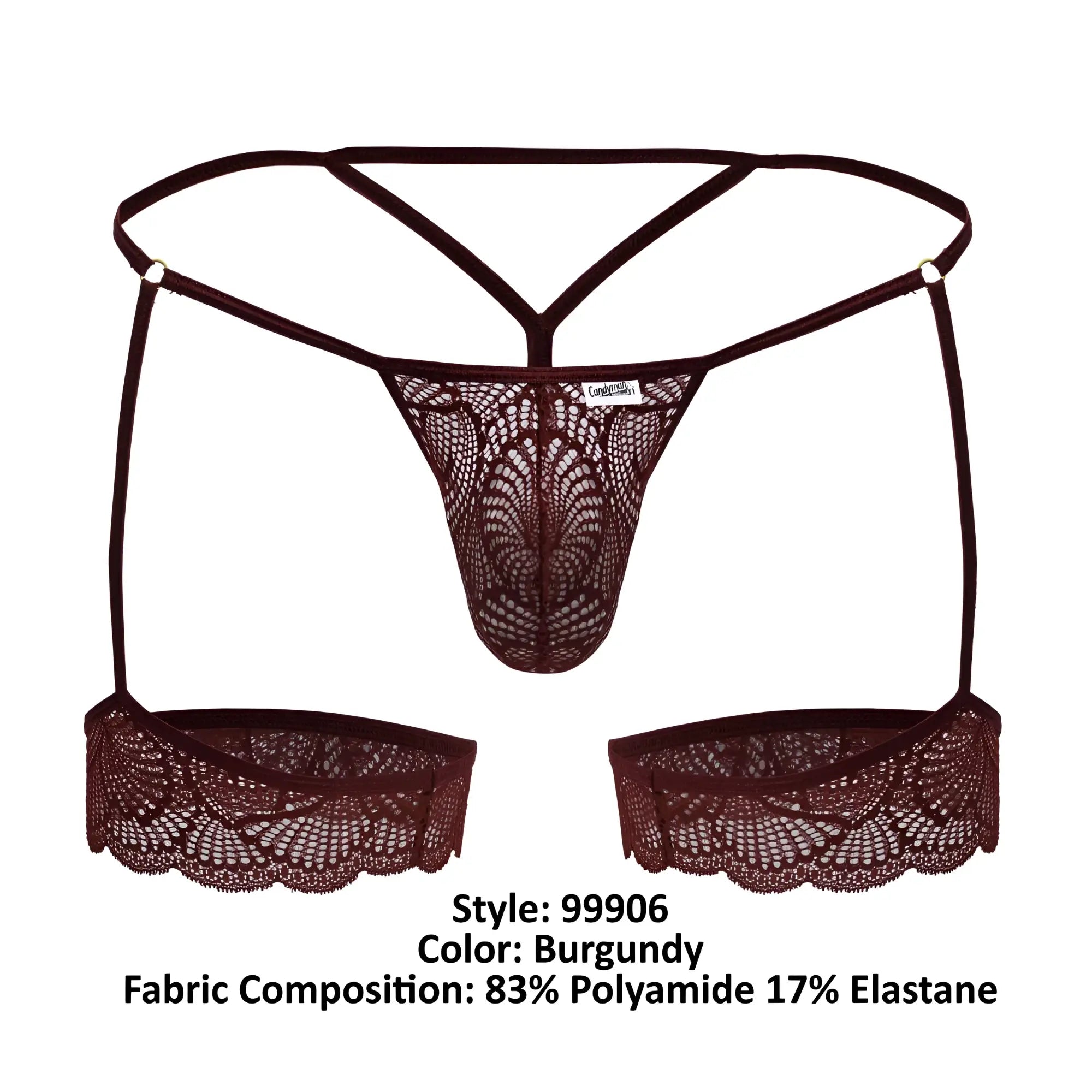 Burgundy candyMan 99906 garter lace thong with matching suspenders and scalloped edges in front view