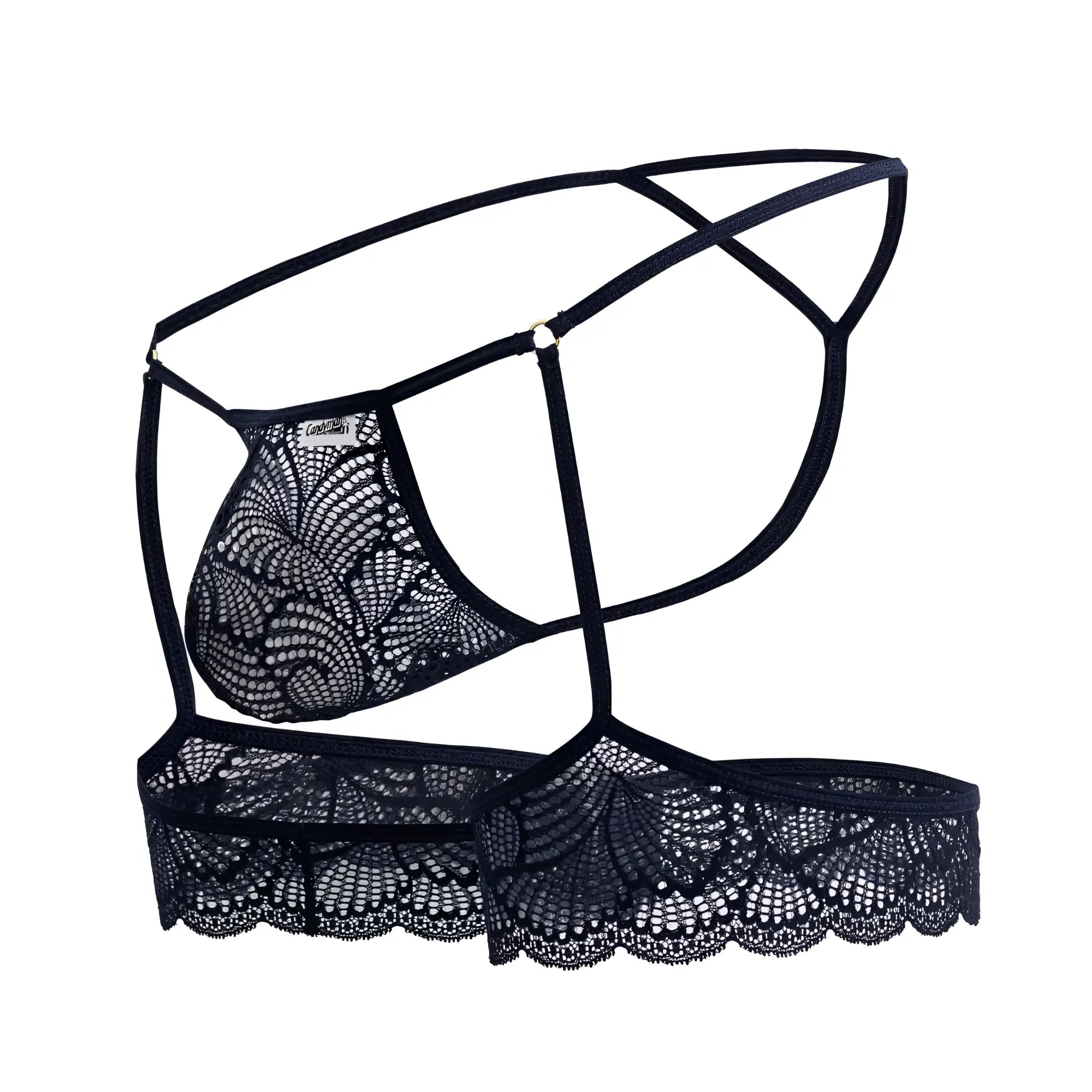 Black lace lingerie set with intricate floral patterns and scalloped edges in navy CandyMan 99906 garter thongs
