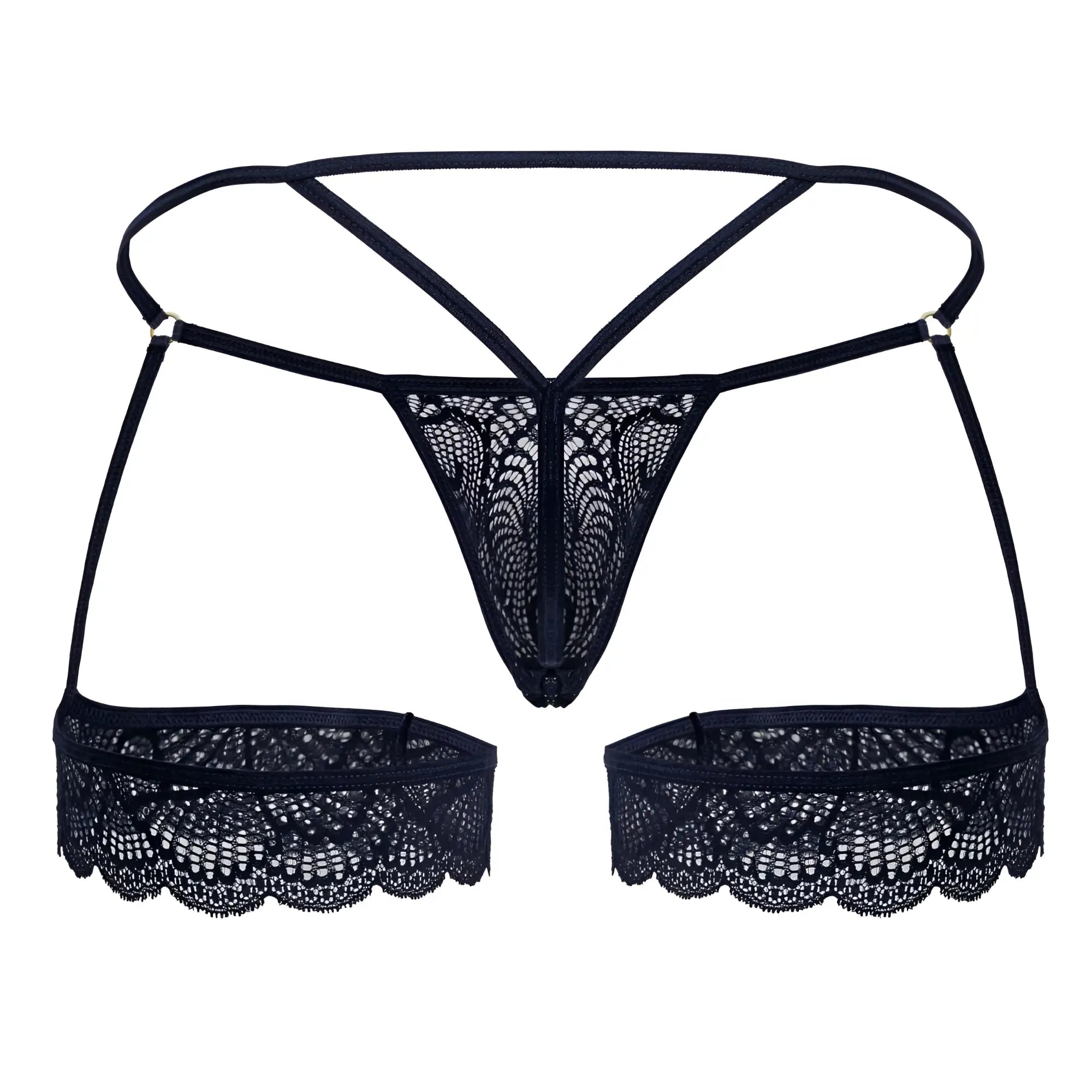 CandyMan 99906 garter lace thong in navy featuring black lace with intricate floral patterns and matching side panels