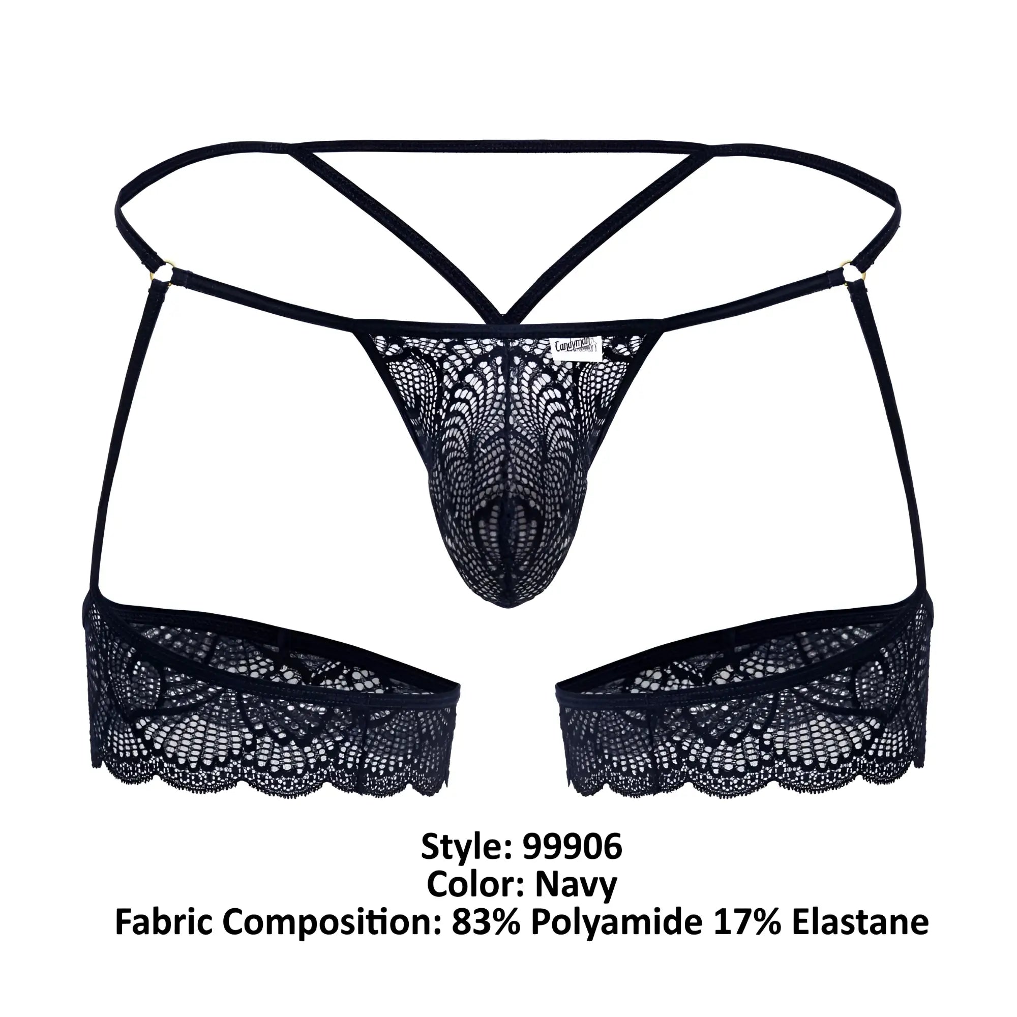 CandyMan 99906 garter lace thong in navy with intricate floral patterns and adjustable straps shown from the back