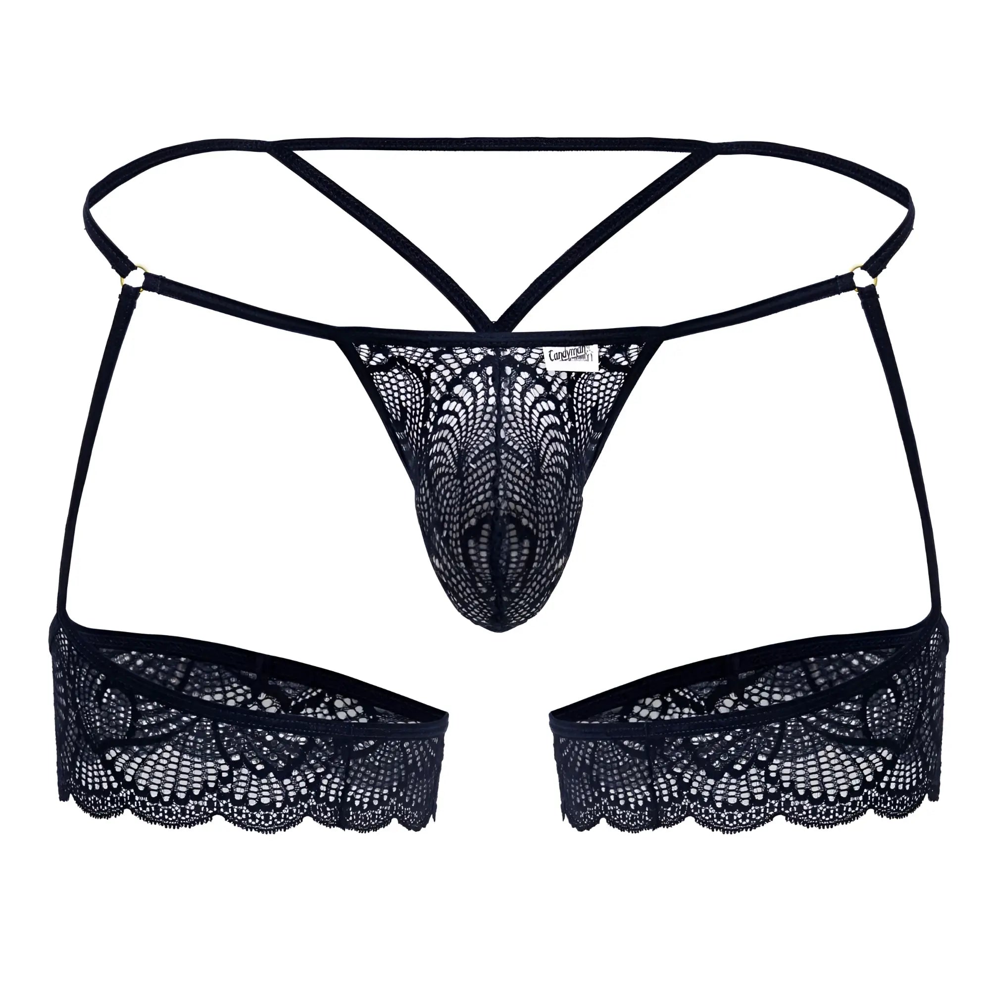 Navy candyMan 99906 garter lace thong with intricate floral patterns and scalloped edges shown from front