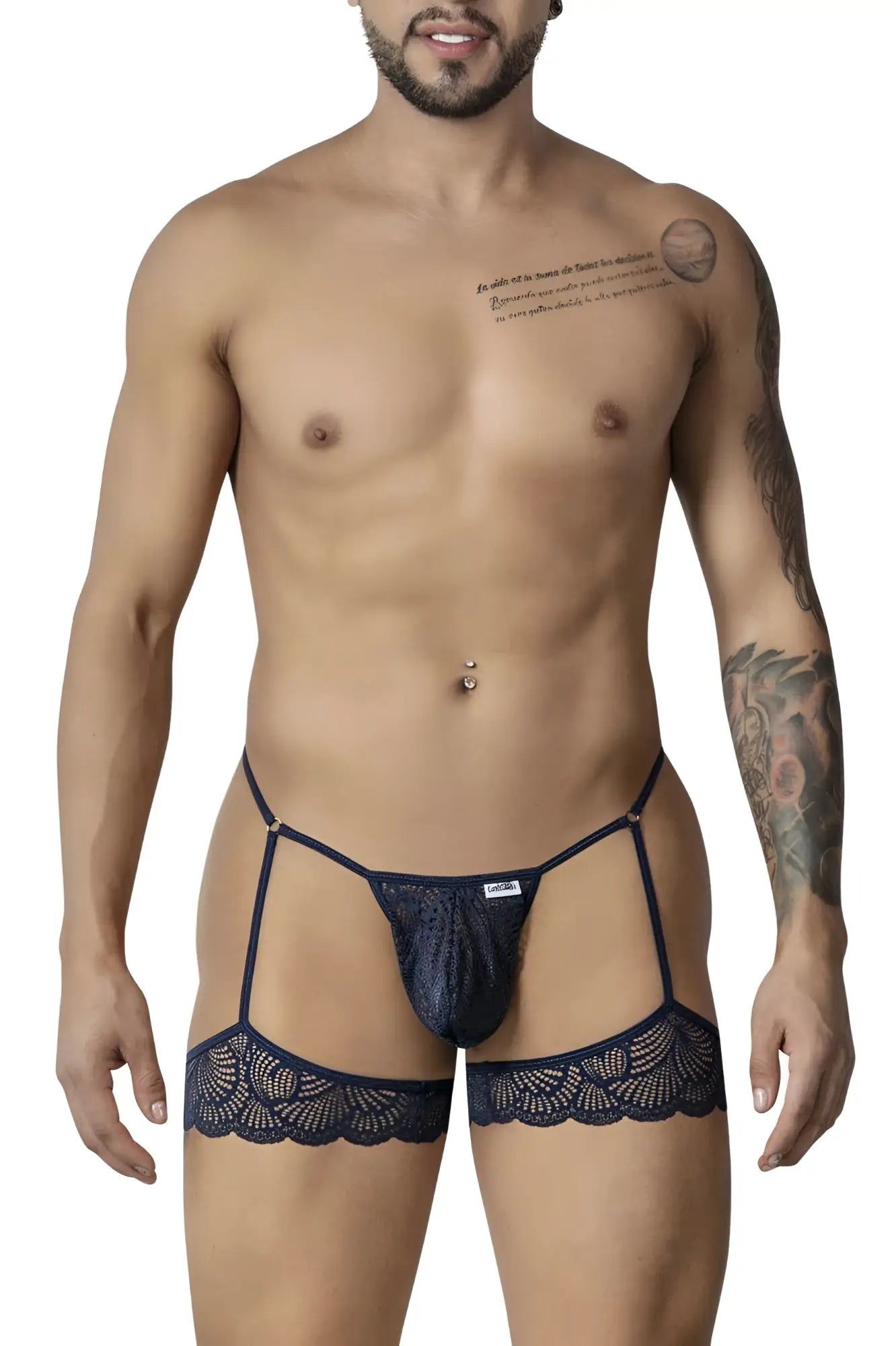 Dark blue lace garter belt with intricate floral patterns and adjustable straps from candyman 99906 thongs navy color