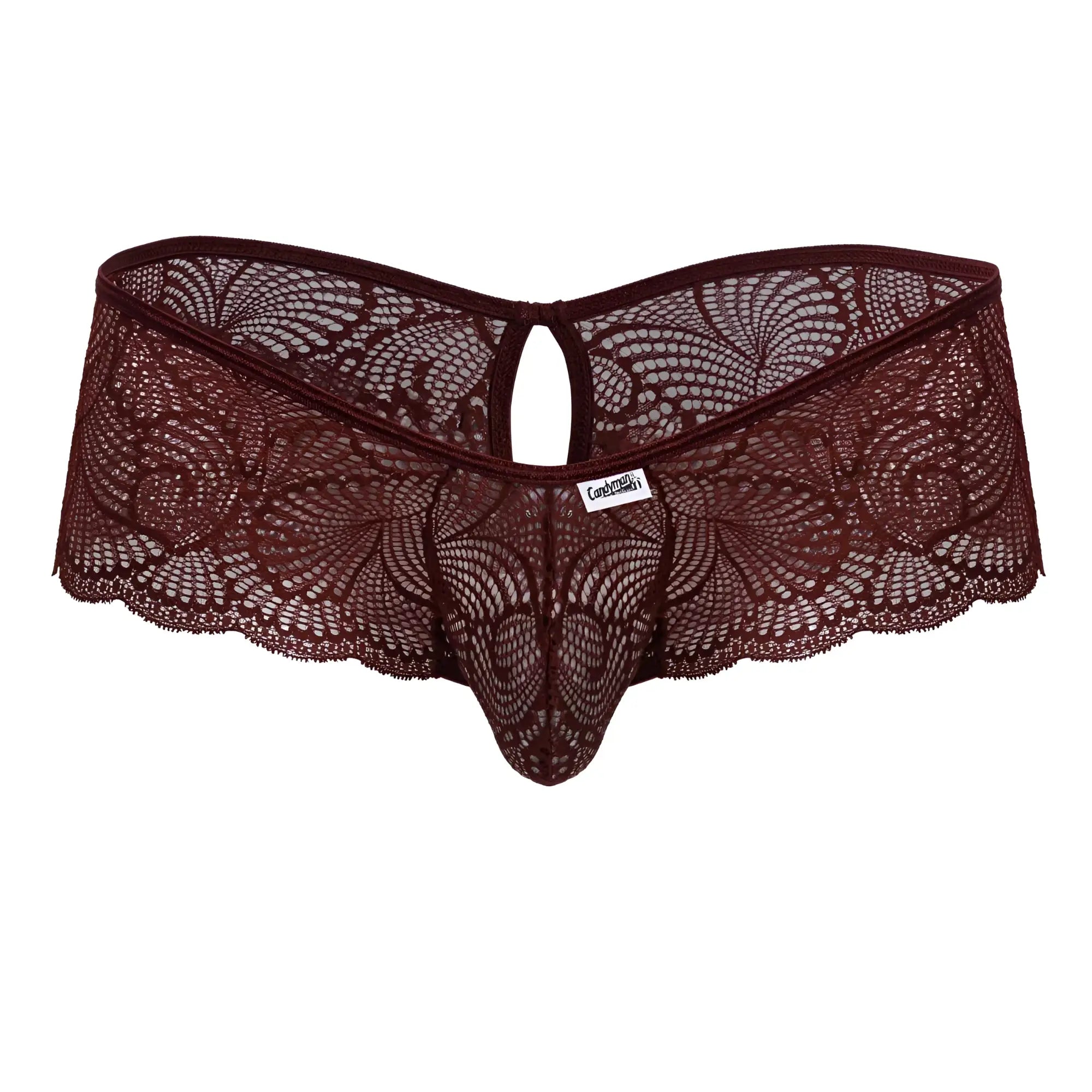 Maroon candy man 99907 lace thong with intricate floral patterns and scalloped edge in burgundy color