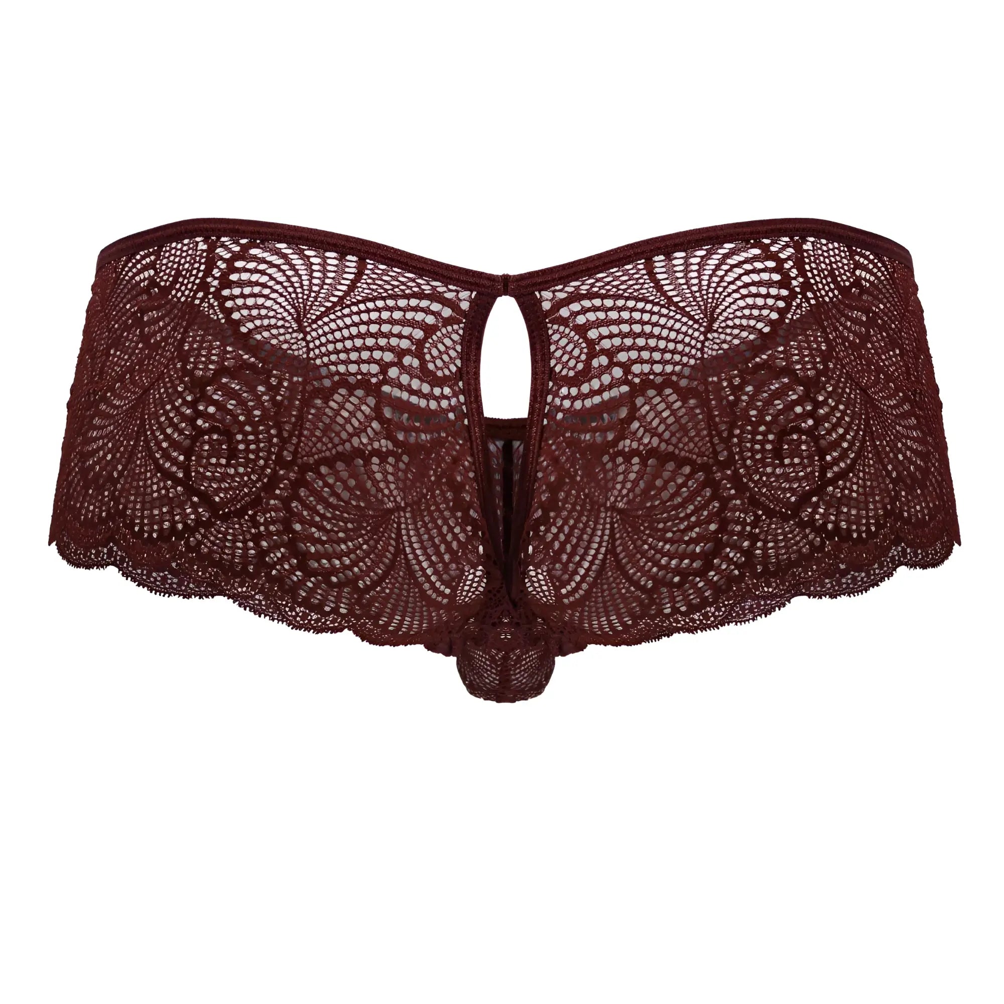 CandyMan 99907 burgundy lace trunks featuring intricate floral patterns and scalloped edges in maroon lace thong style