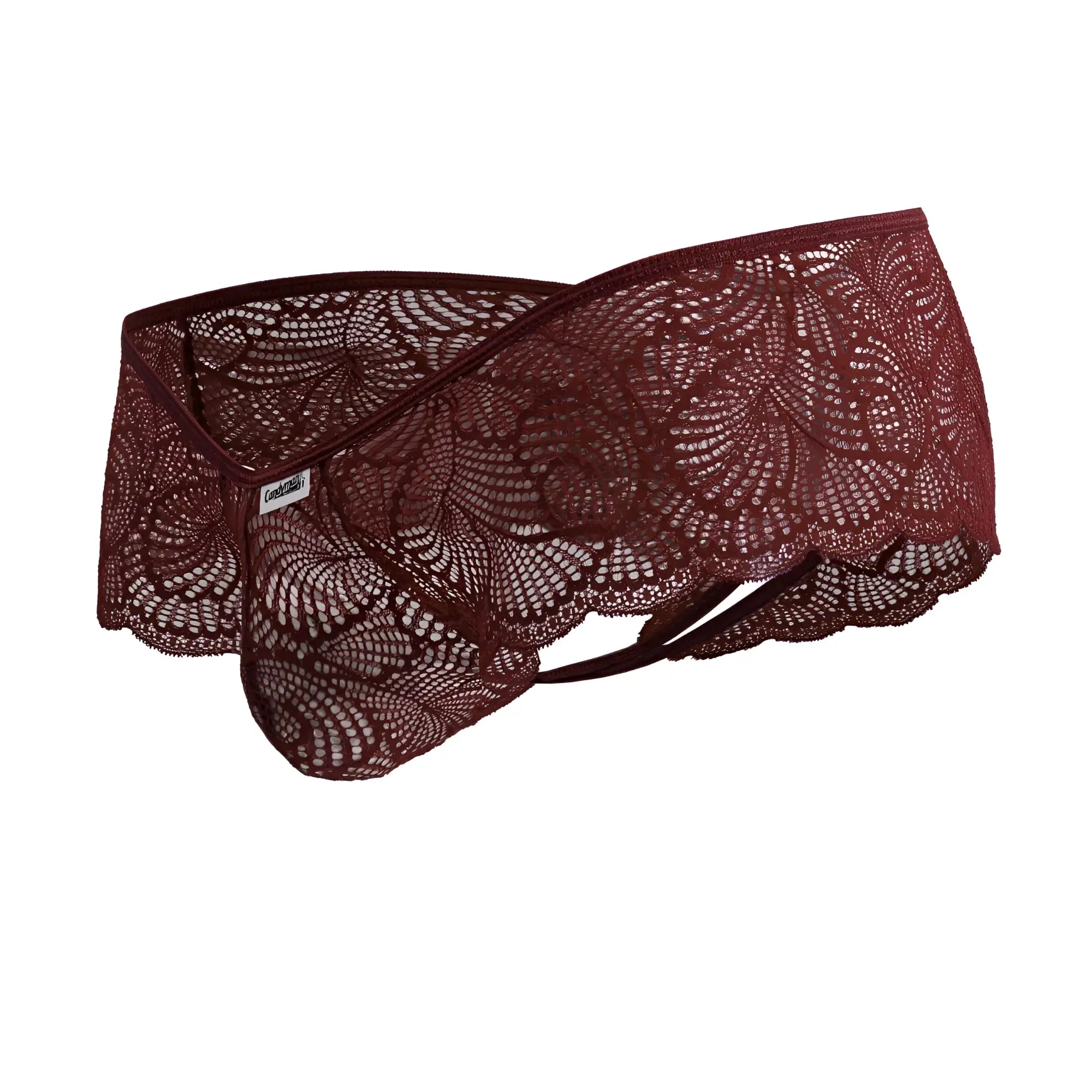 CandyMan 99907 lace trunks burgundy featuring intricate floral patterns and scalloped edges in maroon lace