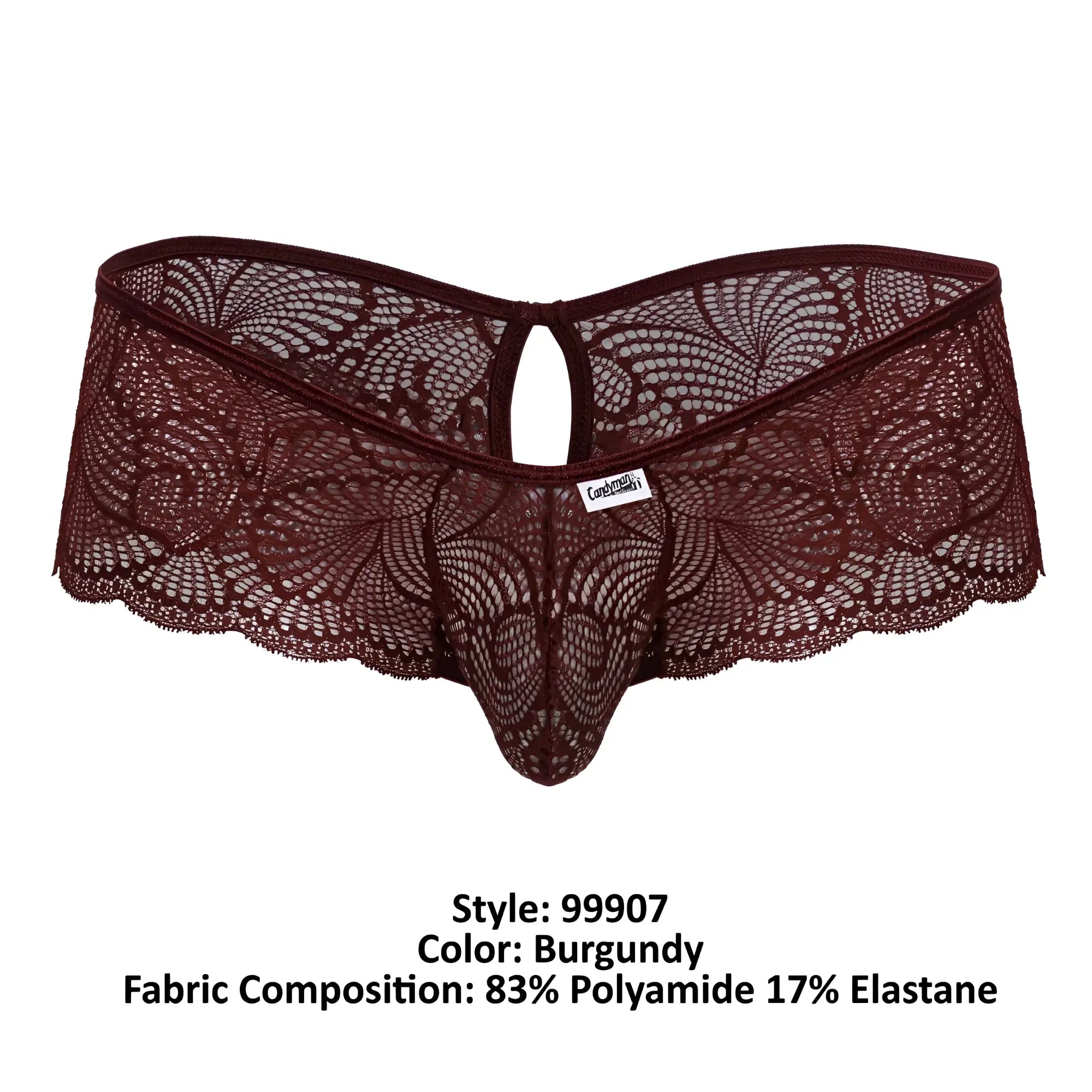CandyMan 99907 lace trunks in burgundy feature intricate floral patterns and a central cutout design for men