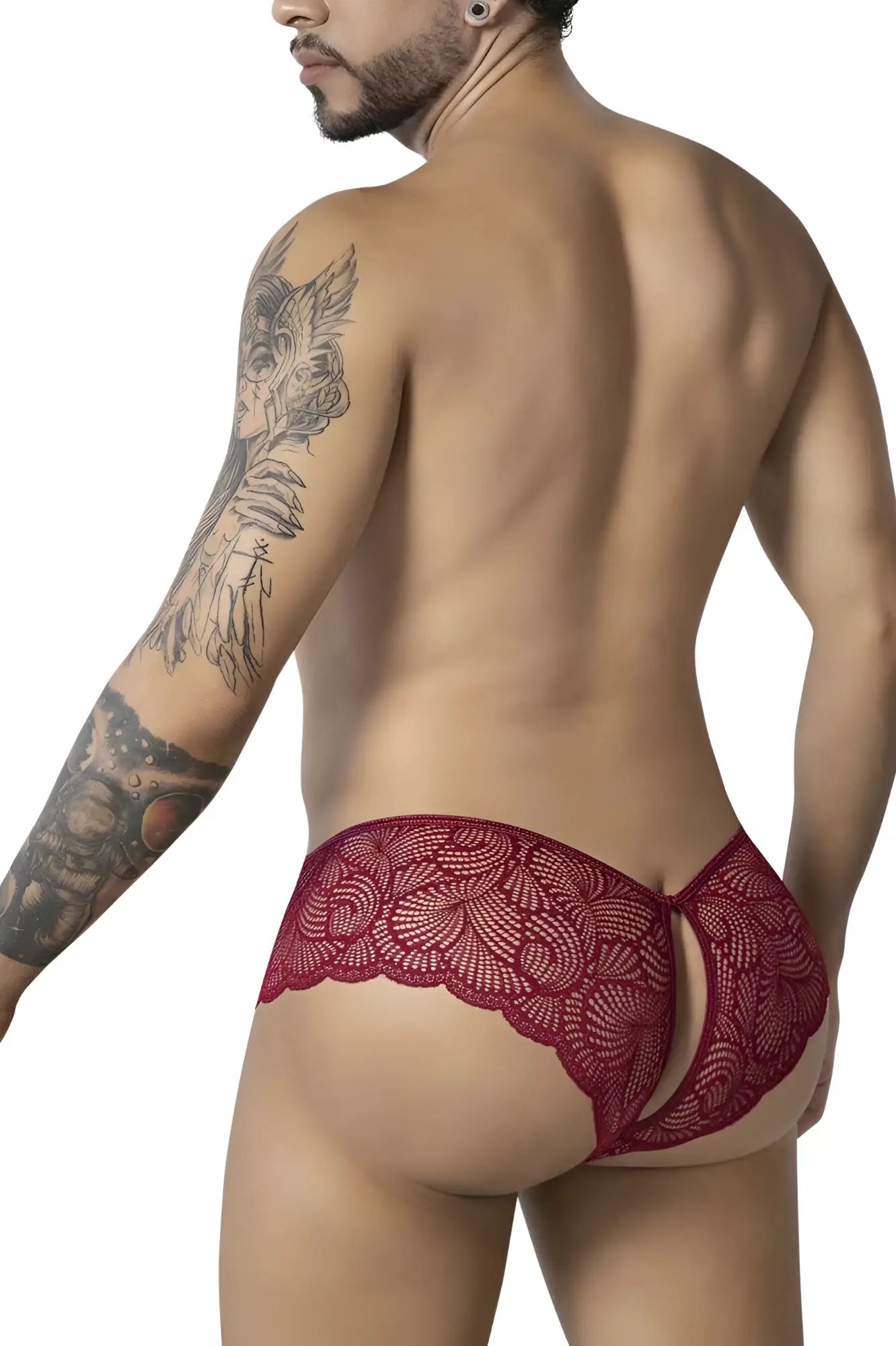 Red lace candyMan 99907 lace trunks in burgundy with a delicate floral pattern and open back design visible